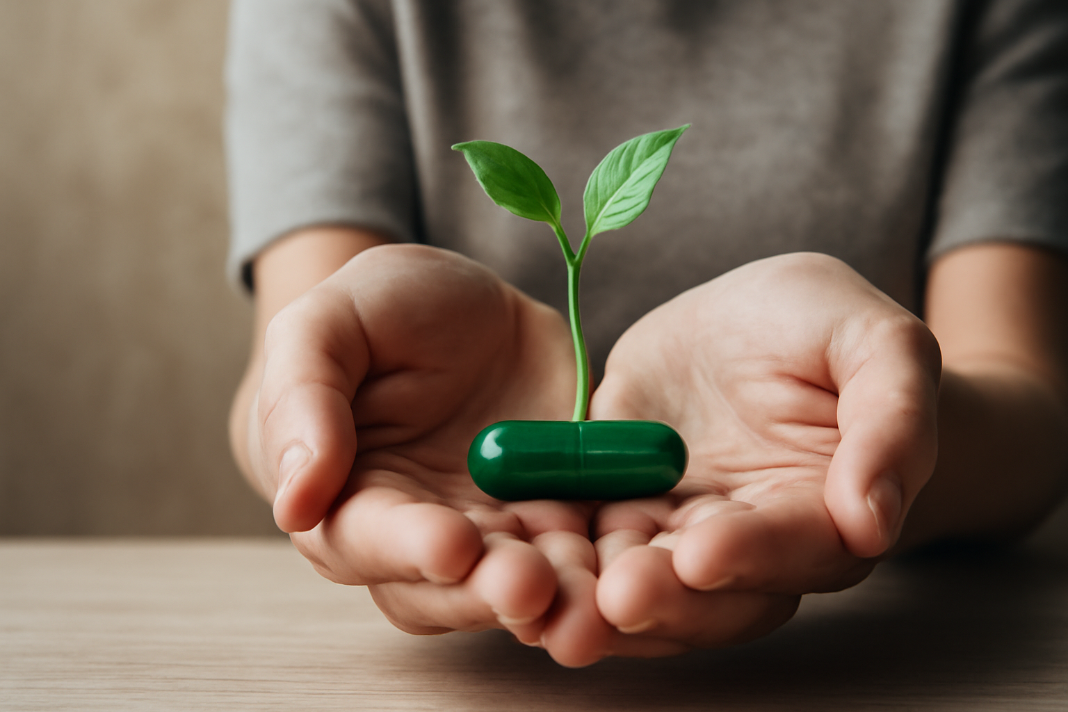 5HTP for Anxiety blog post header with bottle of capsules and a dosage and safety guide on a desk.