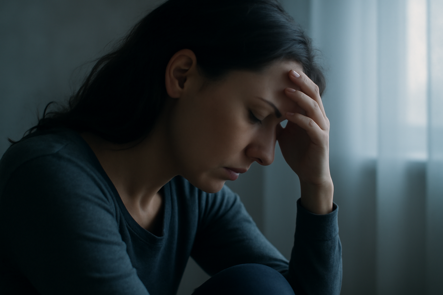 Illustration of a thoughtful woman with supportive icons; blog on signs of depression in women.