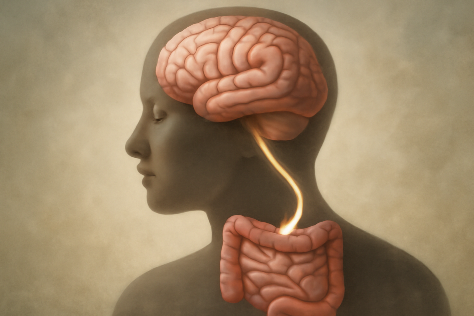 Graphic showing gut and brain connected by signals, illustrating mood and cognitive health.