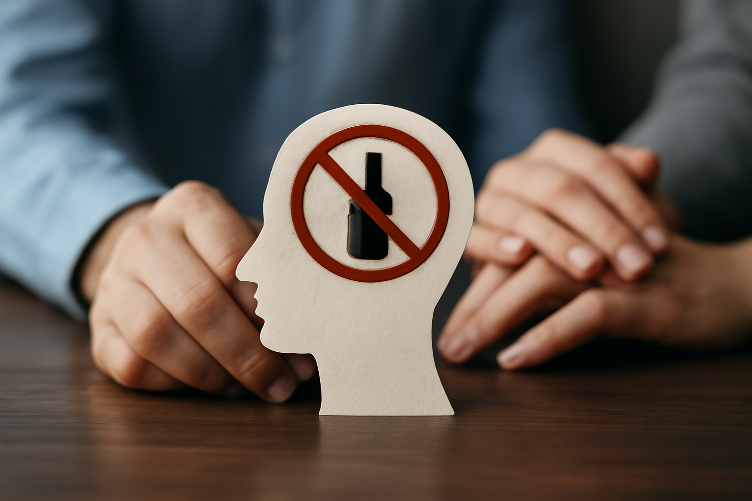 Person discusses recovery with a substance abuse counselor in a warm office; notebook on desk.