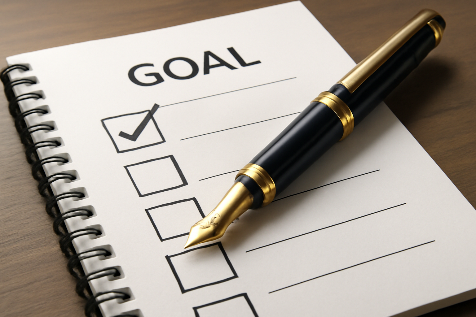 Notebook, pen, and checklist on a desk beside blog title Master Goal Setting with SMART Goals.