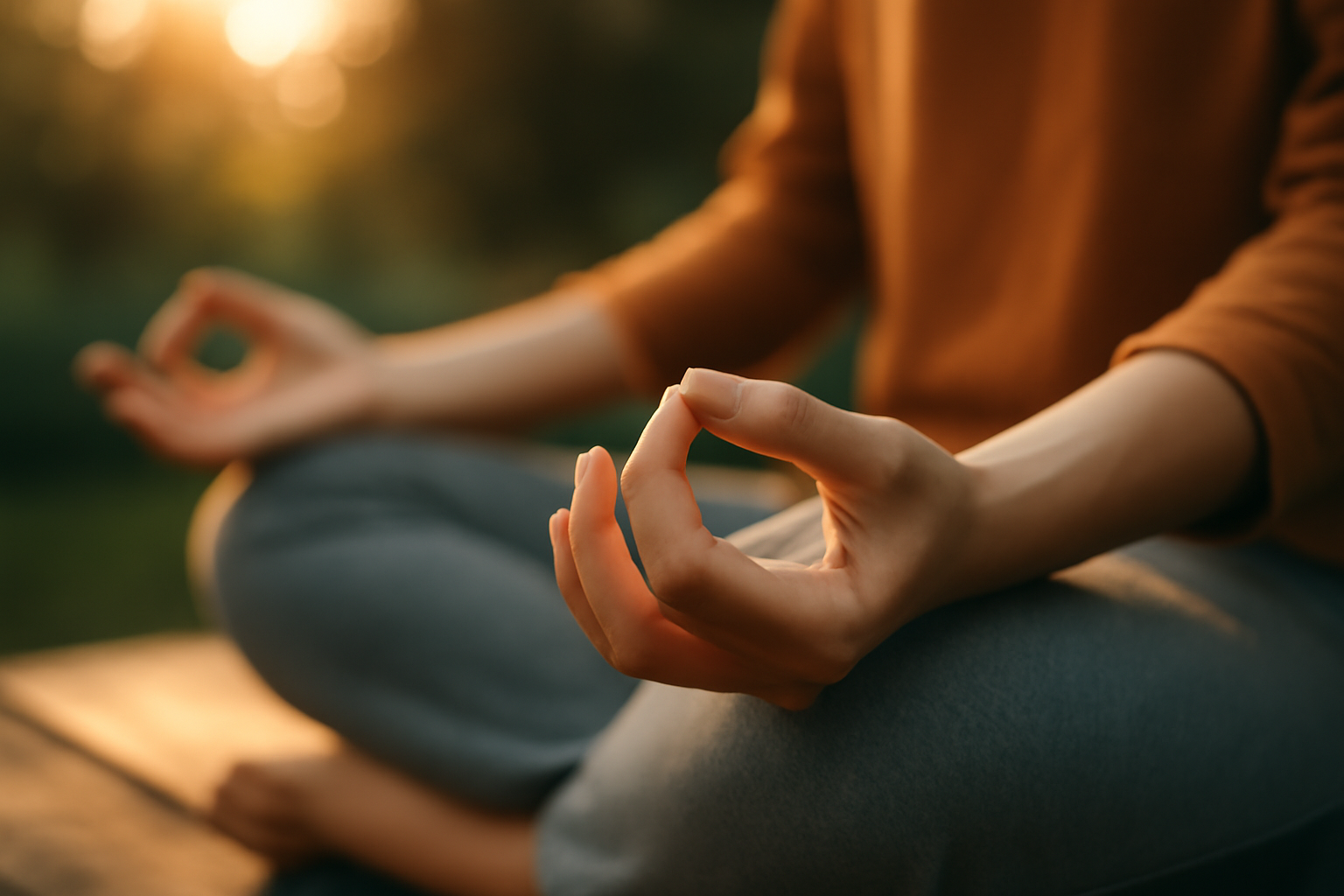 A person sits cross-legged outdoors, practicing mindful breathing as calm water and trees surround.