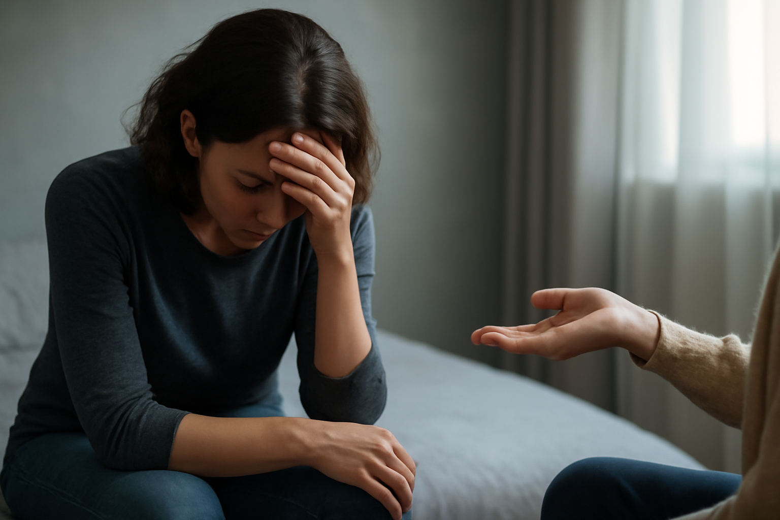 Person seated, worried, with notebook and phone, about depression signs, onset and getting help.