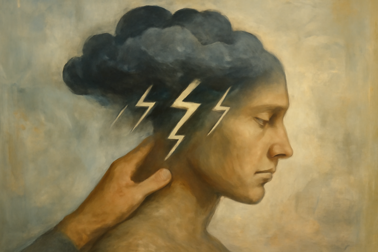 Distressed person holds head beside calm clinician; Acute Stress Disorder symptoms, causes, treatment.