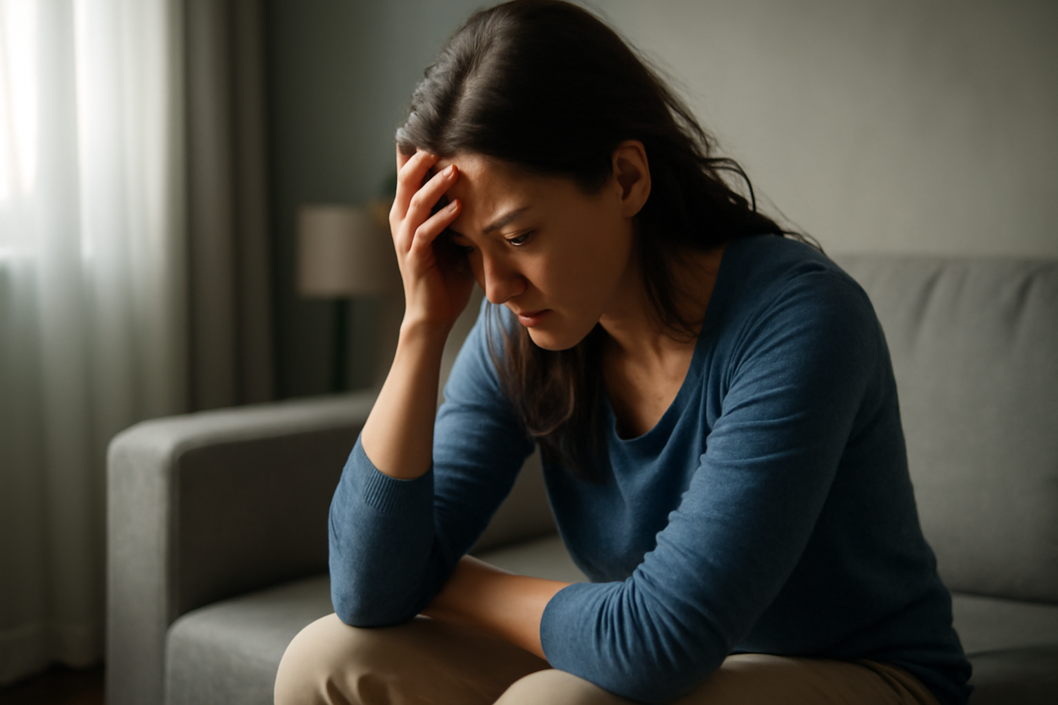 Person appears distressed beside icons for anxiety, depressed mood, symptoms, causes, and treatment.