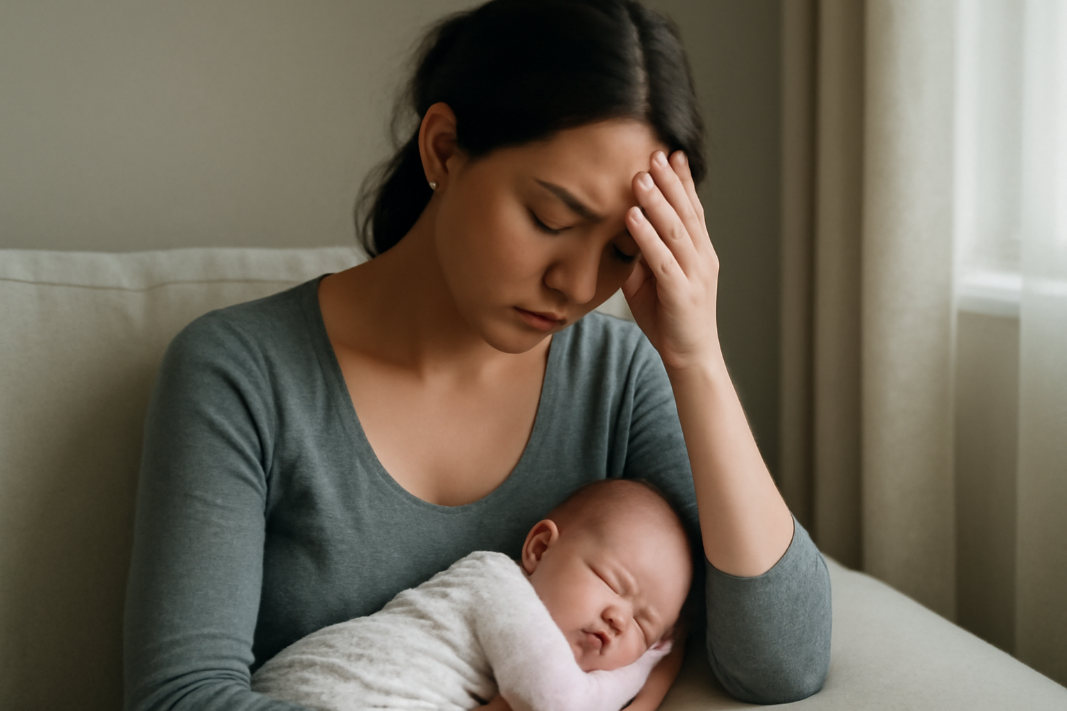 Mother with infant on lap discusses evidence-based postpartum depression recovery with clinician.