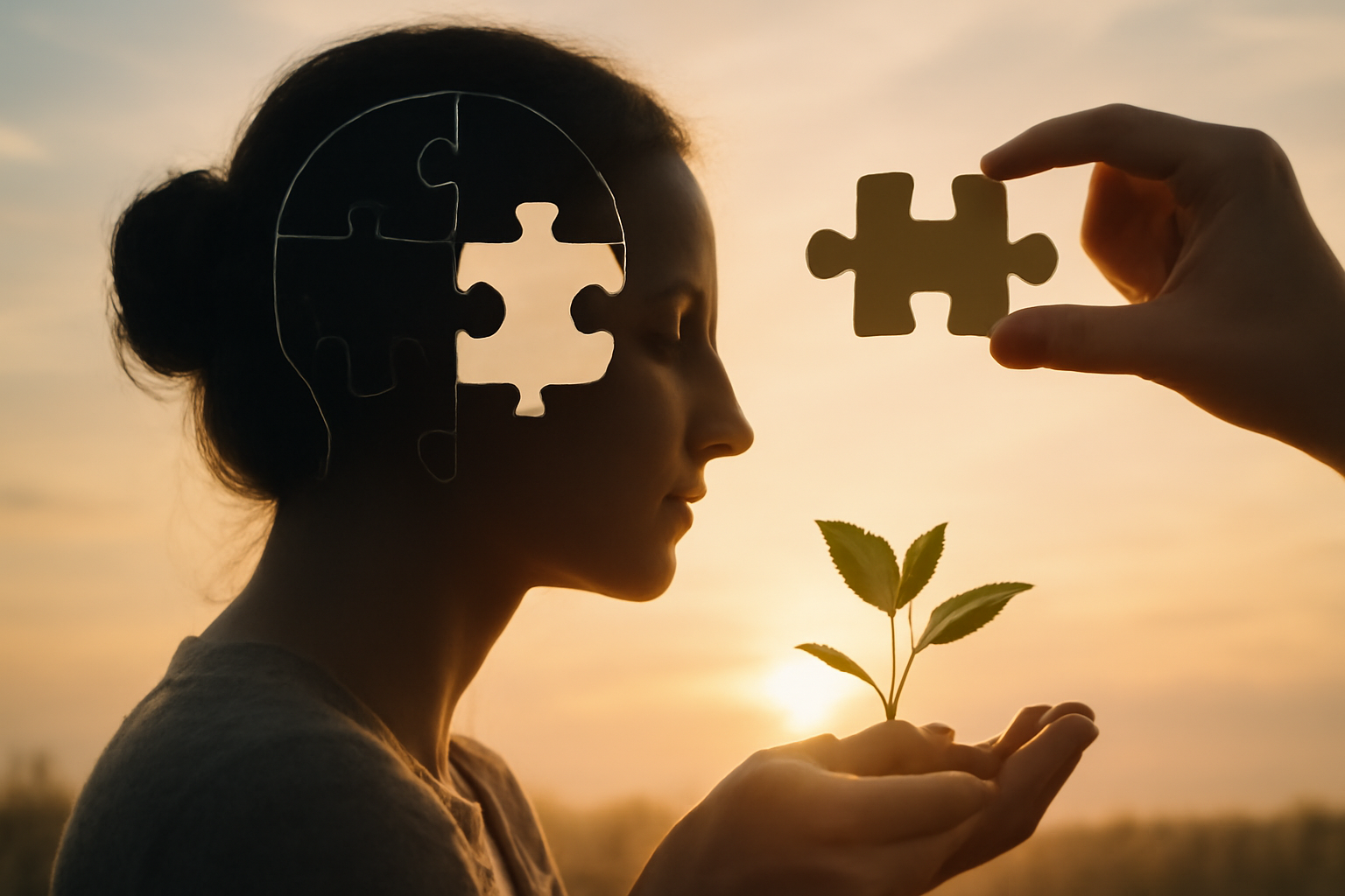 Person meditating outdoors among plants, brain and heart icons symbolizing integrative mental health