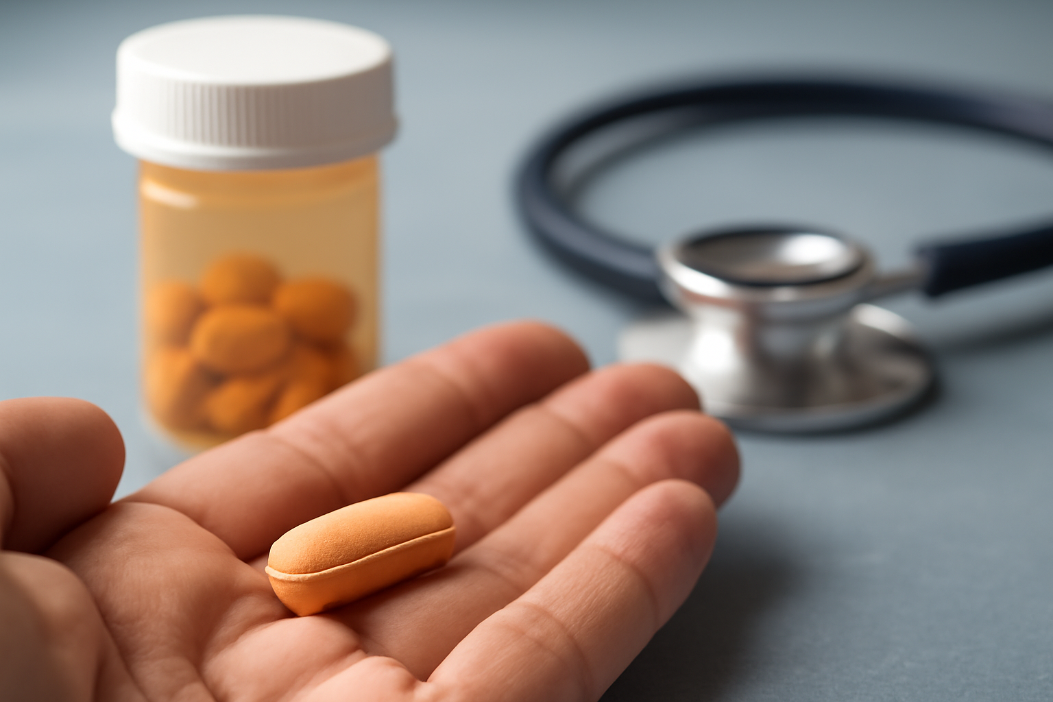 Pill bottles and a brain diagram with a dosage chart for antipsychotics and their side effects
