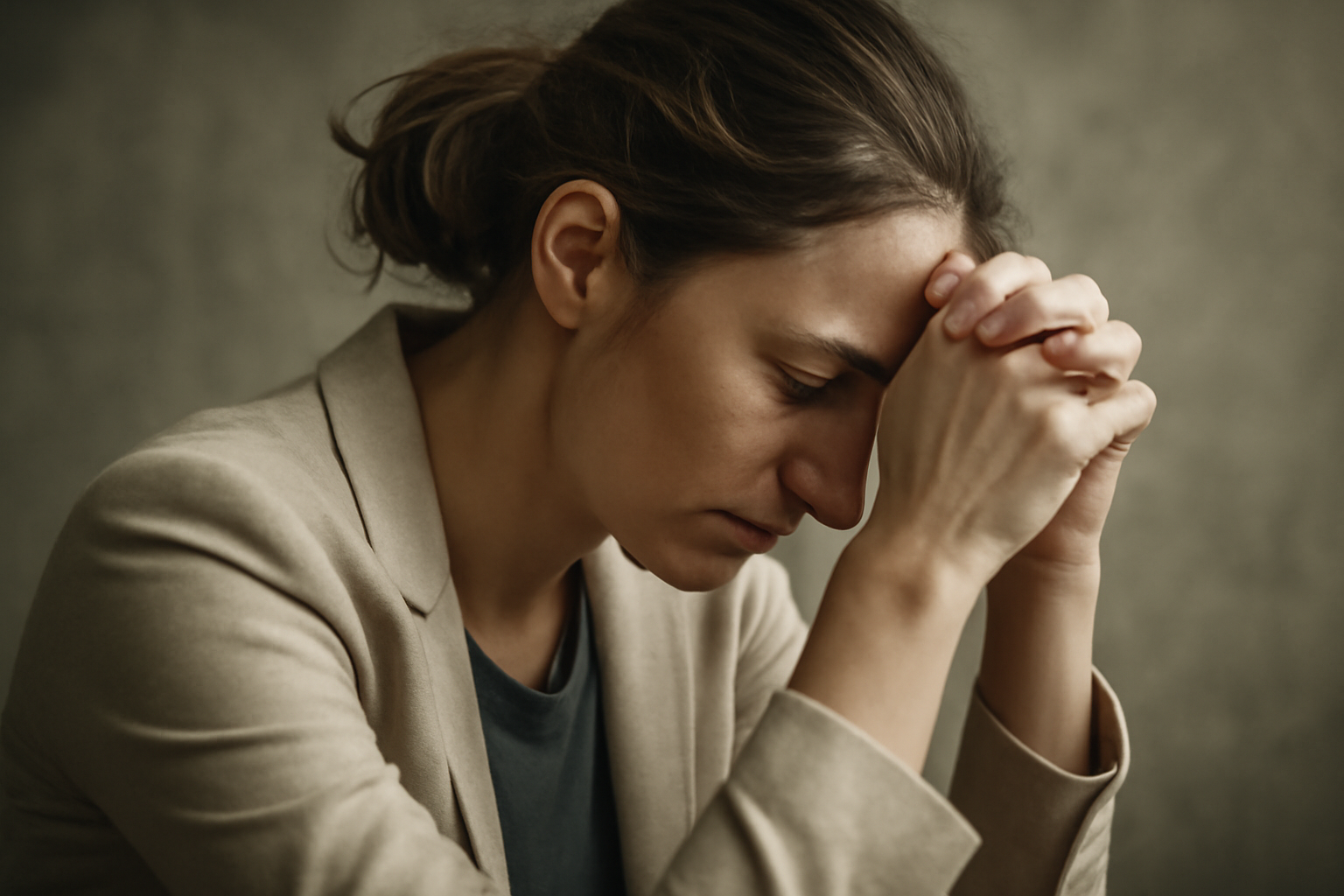 Smiling professional at a desk conceals fatigue, reflecting high-functioning anxiety and burnout.