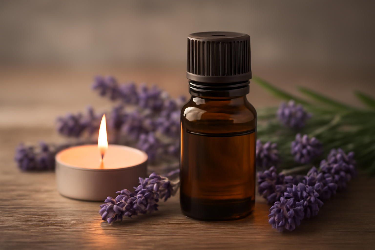 Calm desk with essential oil bottles, a diffuser, and a notebook on Aromatherapy for Anxiety Relief.