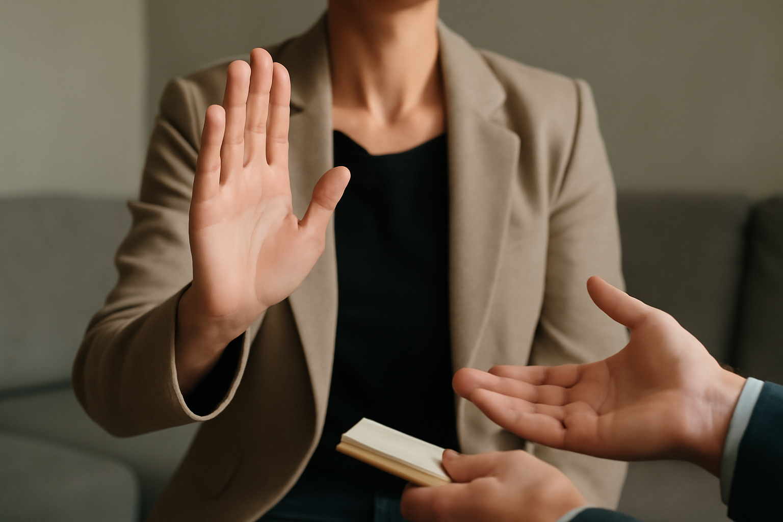 Two people in a workshop practice clear communication and boundary setting—Assertiveness Training.