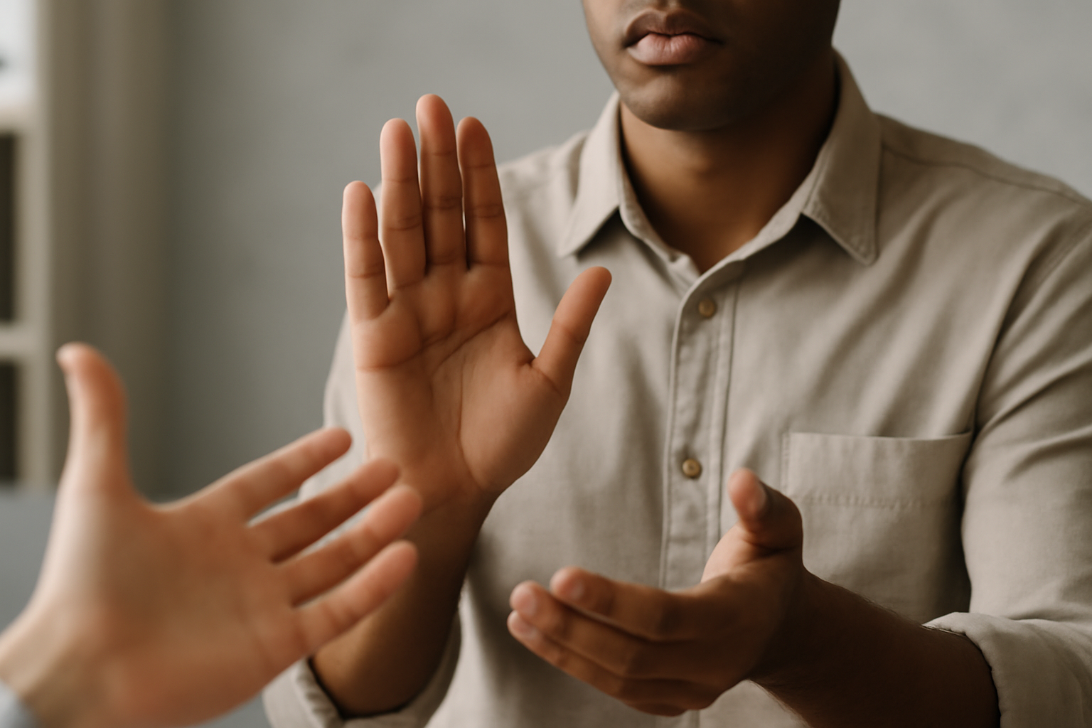 Person speaks clearly to set boundaries during a calm conversation; Assertiveness Training blog.