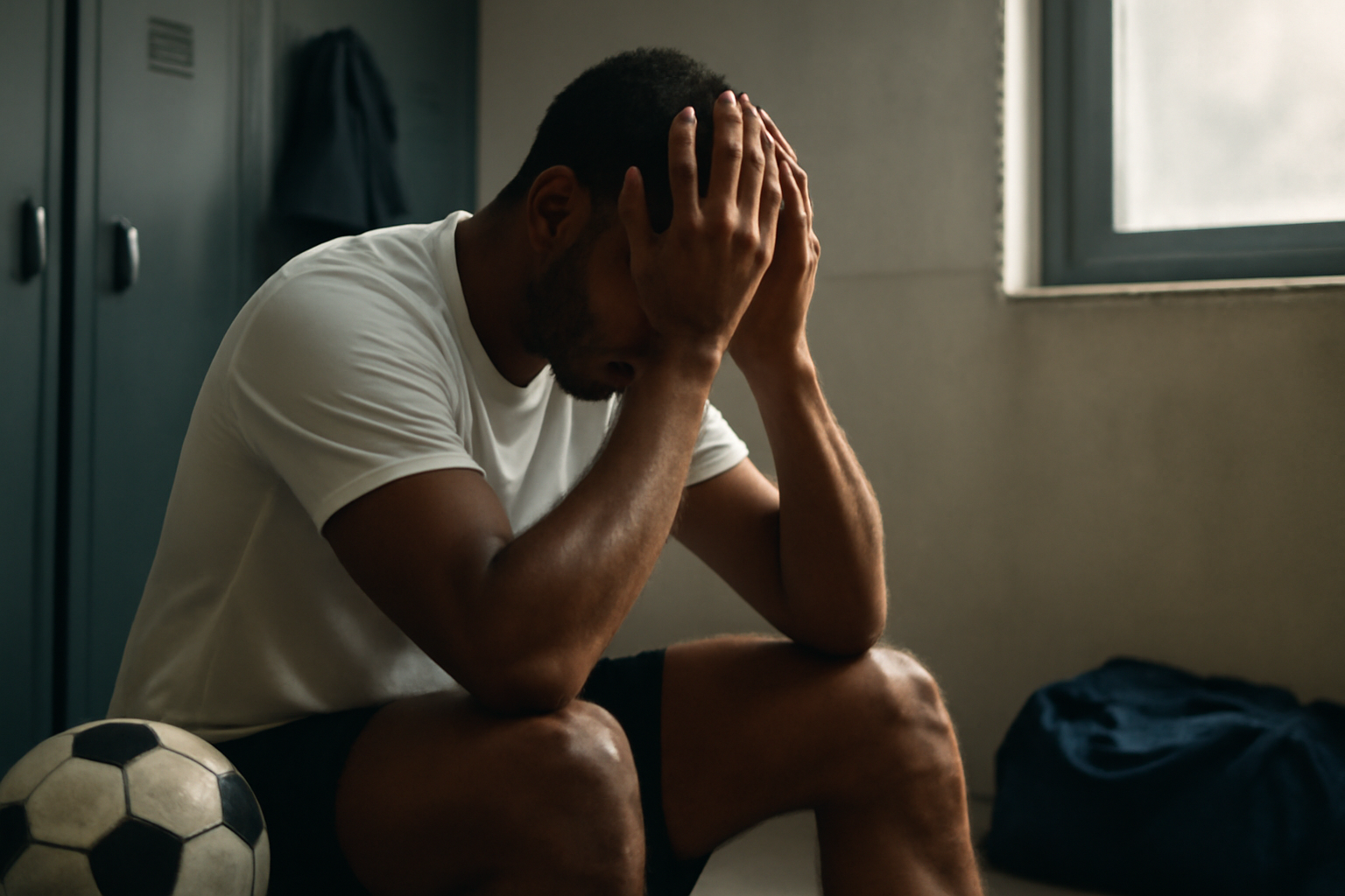 Diverse athletes in a team huddle with a coach; article on mental health in sport and team support.