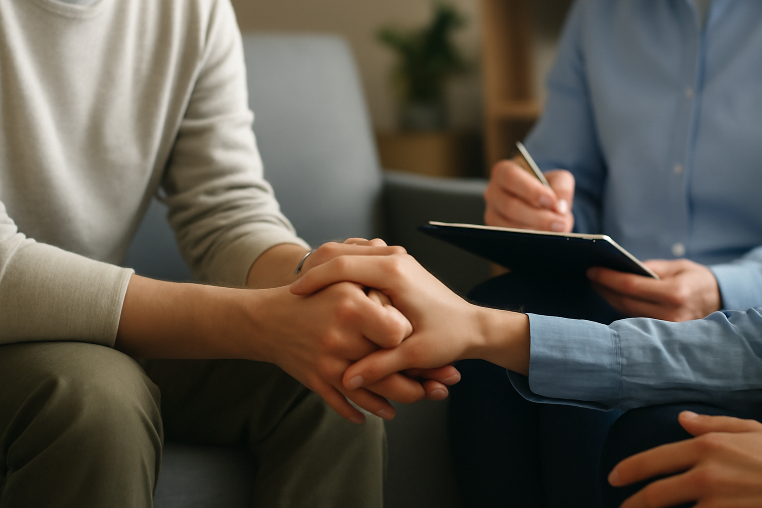 Therapist helps two individuals build balanced interdependence, sharing support and insight.