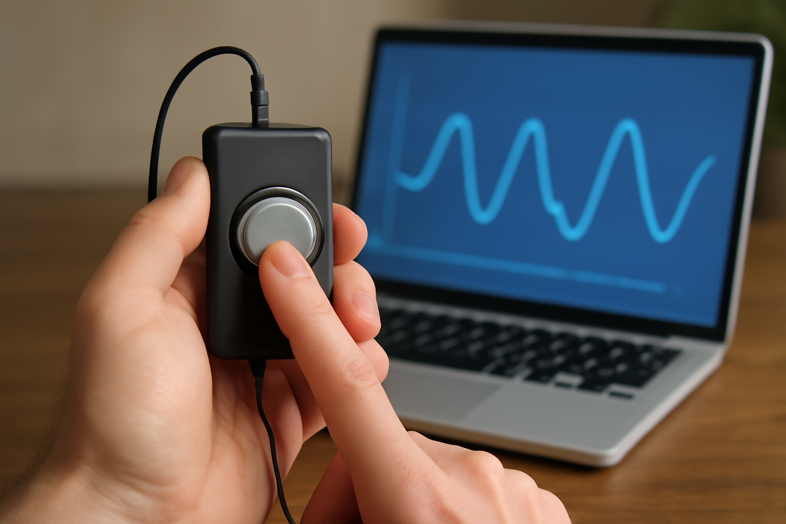 Person uses a biofeedback device to monitor real-time heart rate for anxiety relief blog post.