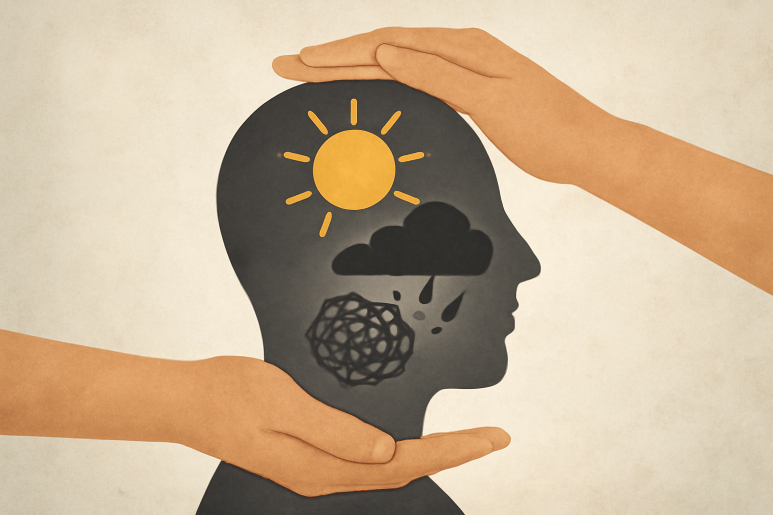 Person sits meditating beside mood diagrams for bipolar anxiety management and treatment options.