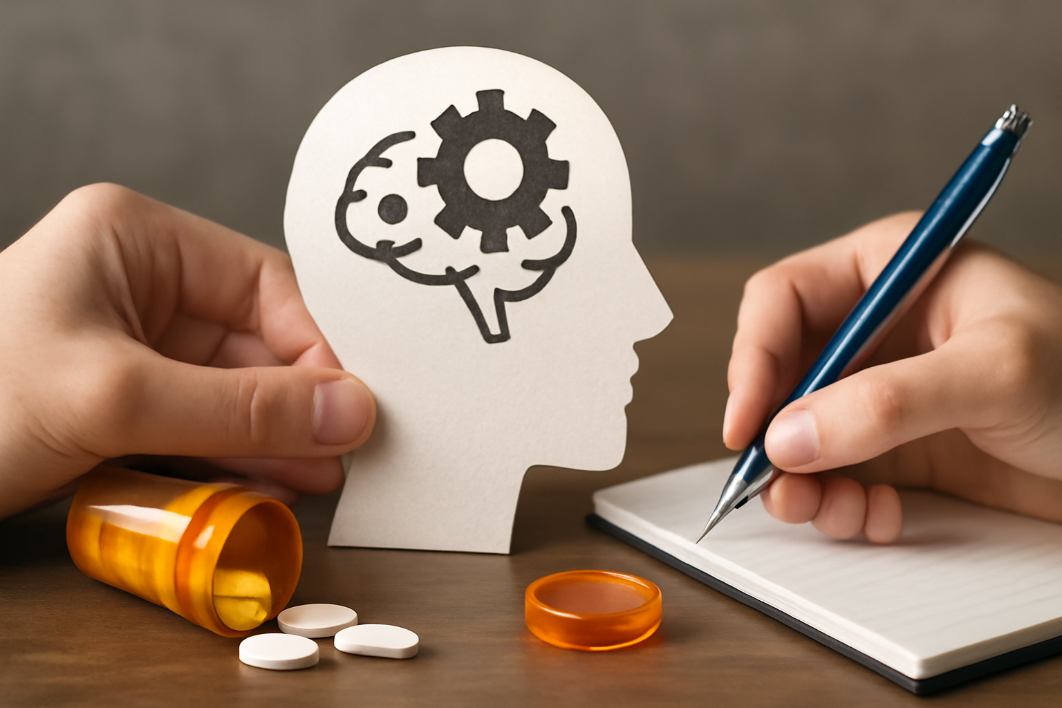 Therapist and patient discuss bipolar treatment with pill bottles, notes, and a mood chart.