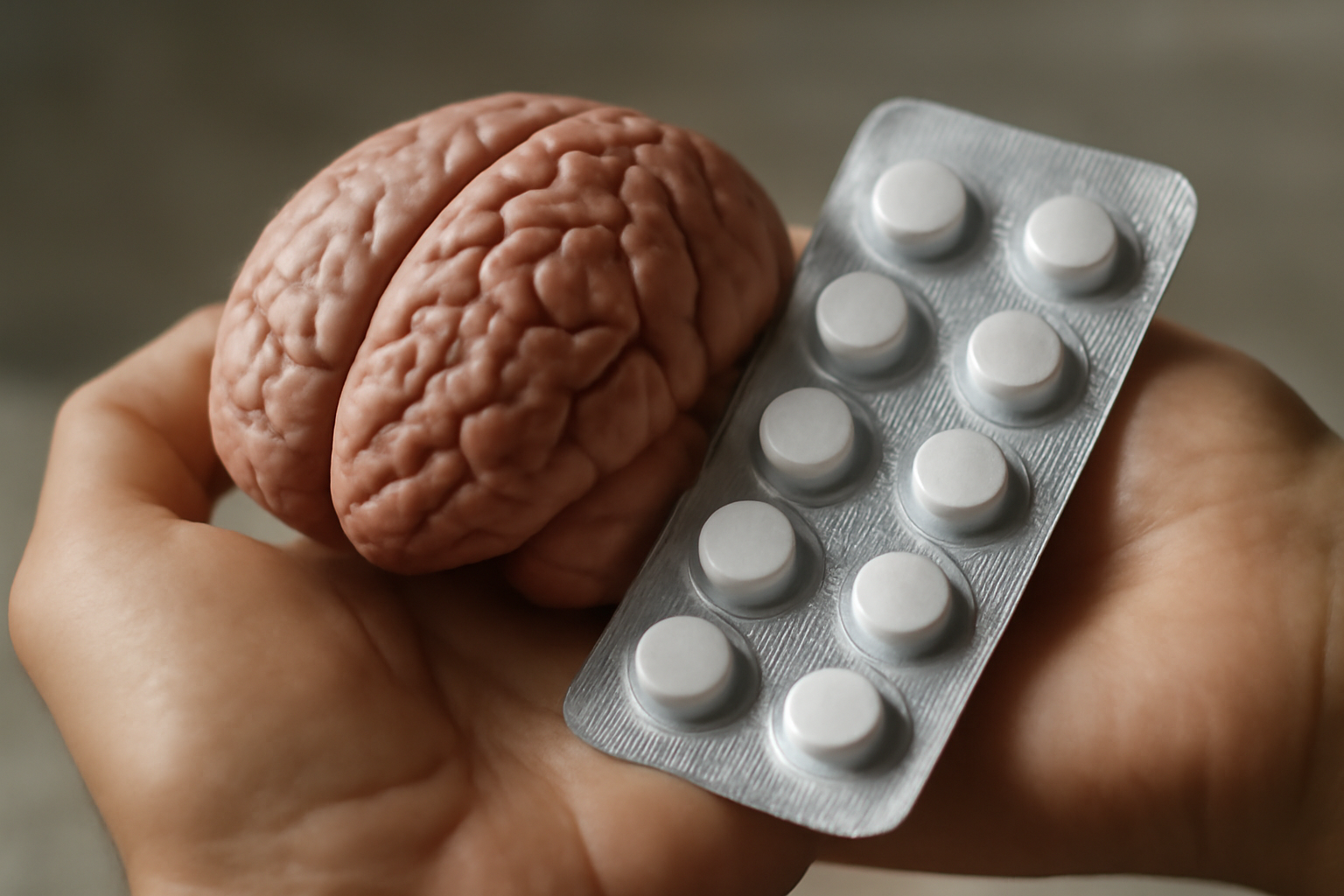 A clinician and patient discuss bipolar disorder treatment, with pills and a therapy plan.