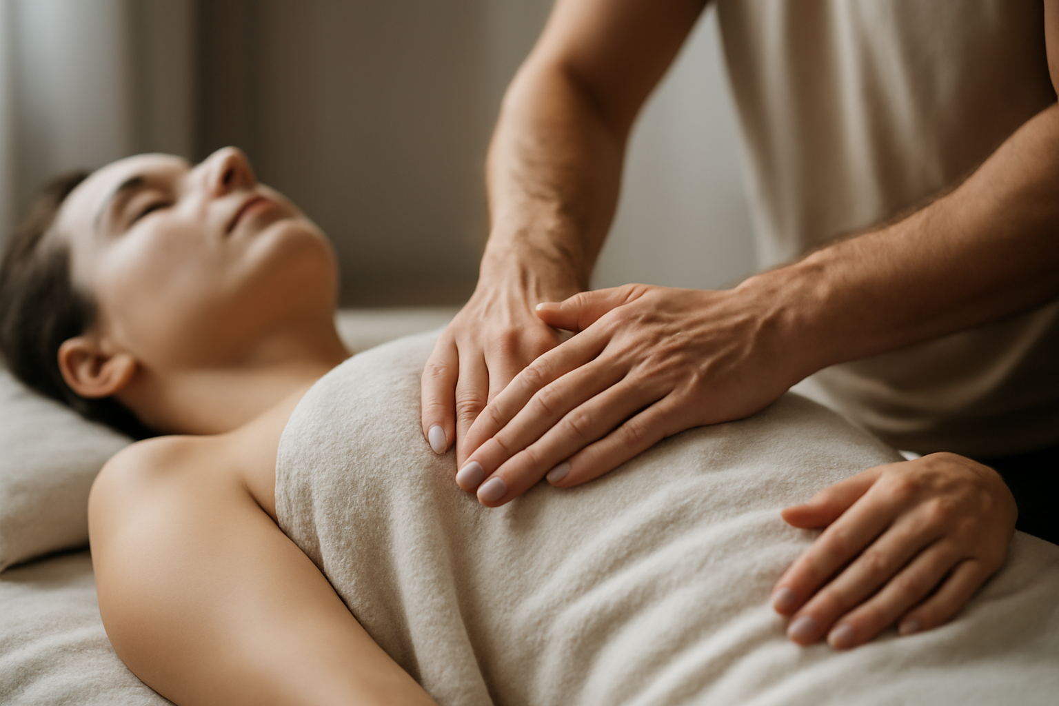 Therapist guiding a client through posture and breathwork in a calm studio for mind-body well-being.