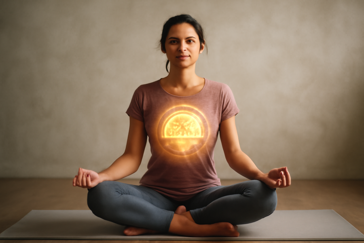 A person in a tranquil yoga setting practices deep breathing and mindfulness to calm the nervous system.