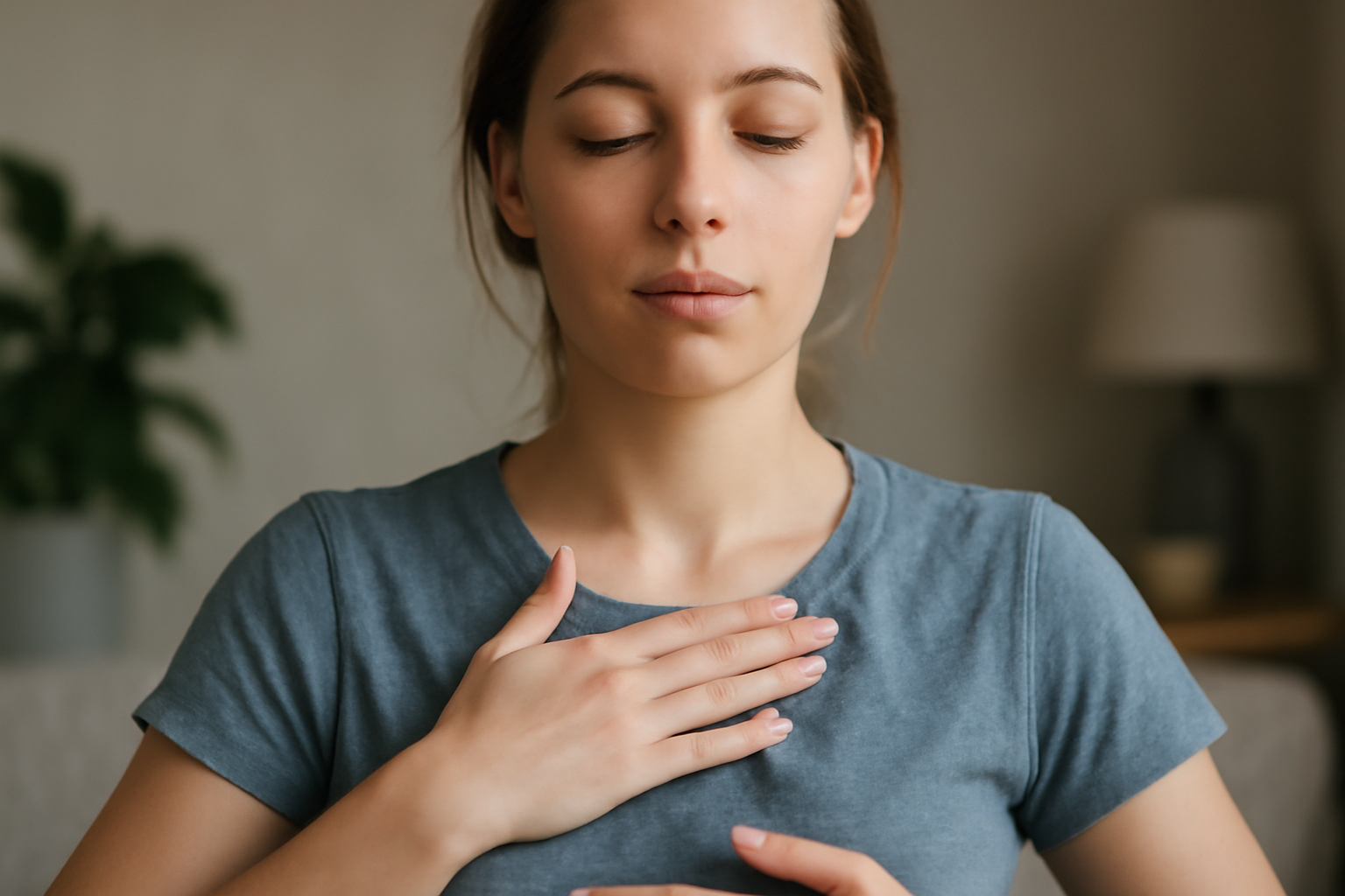 Calm person sits in a serene room, practicing deep breathing for stress relief, sleep, and focus.