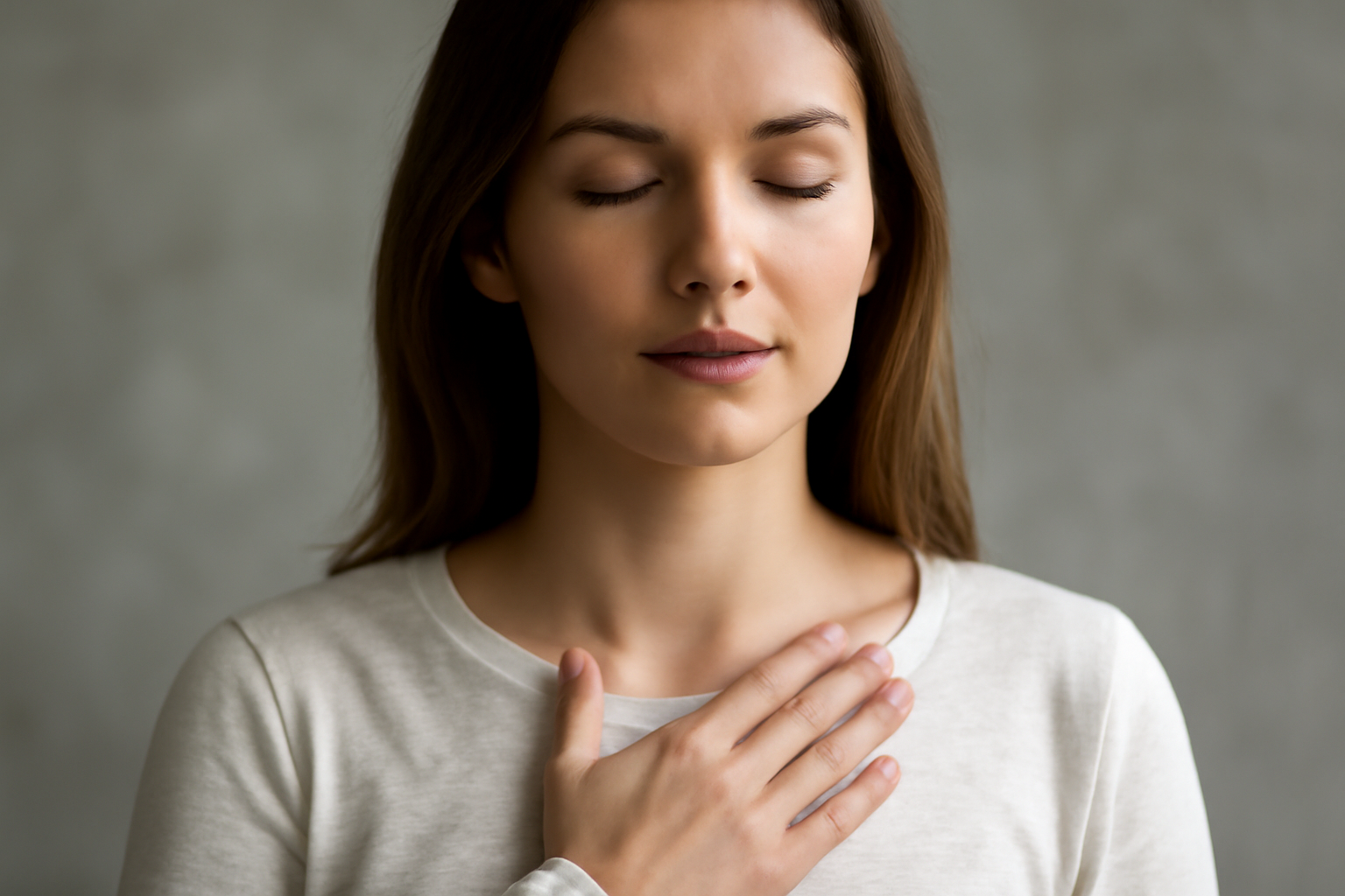 Person seated cross-legged in a calm room, practicing slow breathing for anxiety relief and nervous-system calm.