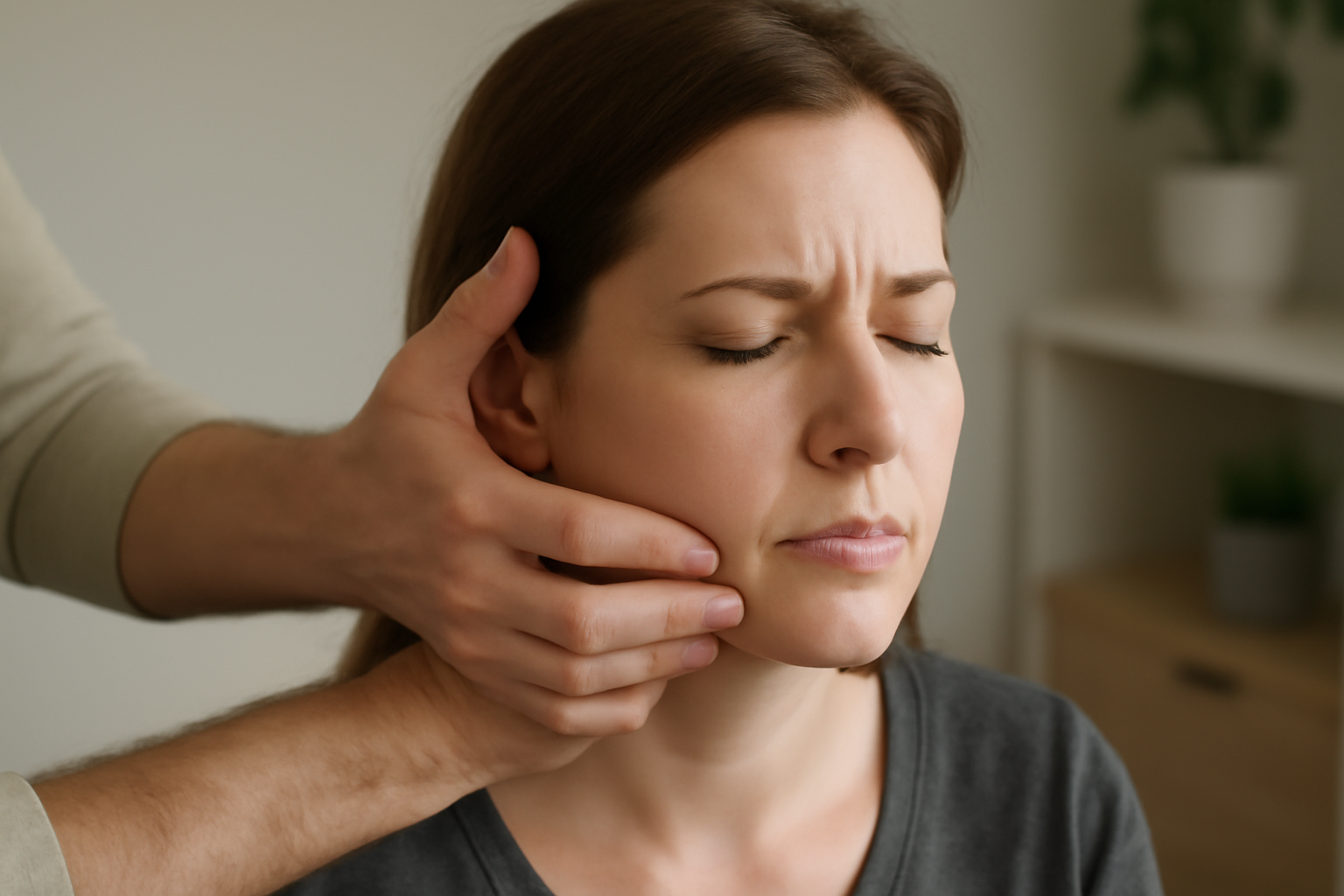Person practicing jaw relaxation exercises for chronic jaw clenching and bruxism relief.