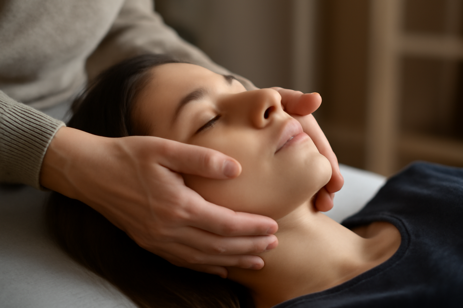 Dental patient practicing jaw relaxation therapy for chronic clenching and bruxism relief.