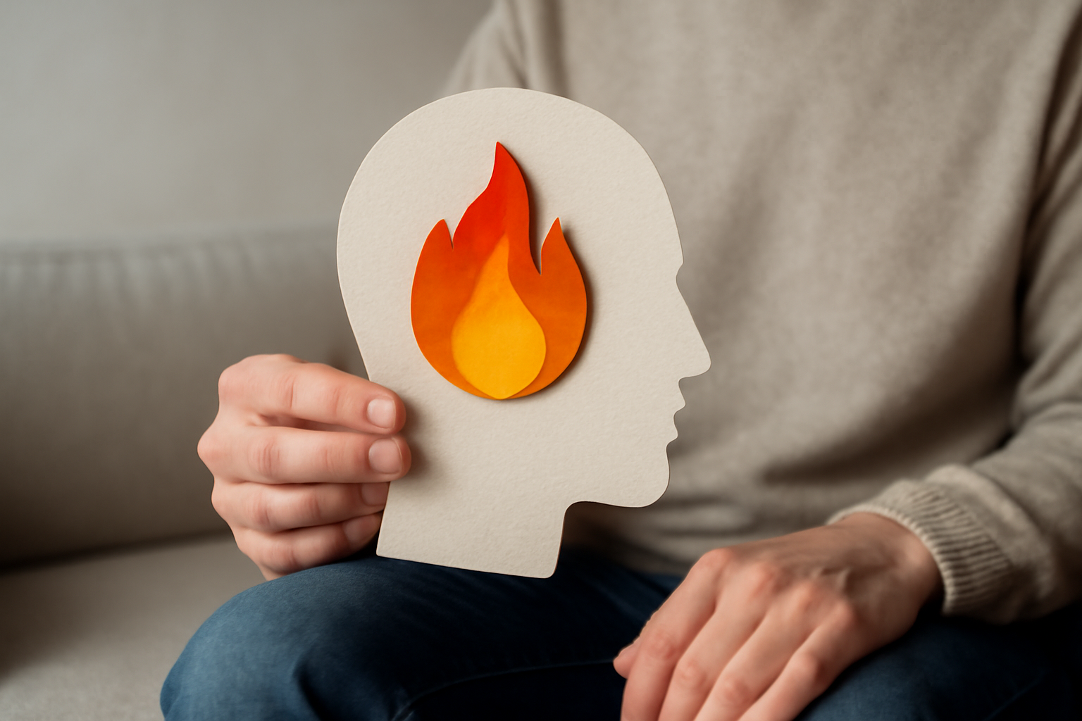 A calm home workspace with person taking a mindful break, burnout therapy for persistent exhaustion.