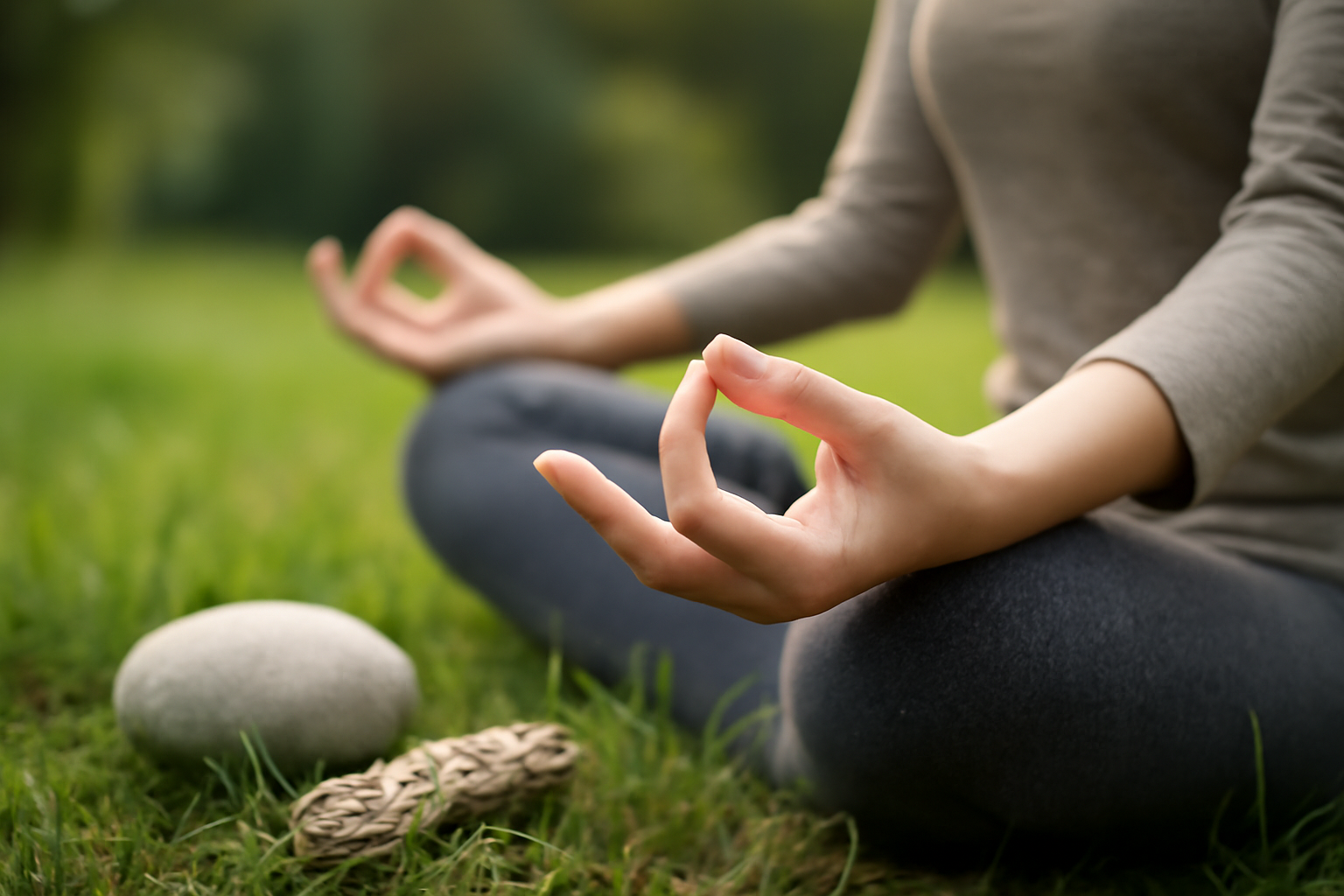 Calm person meditating in a sunlit garden; mindful, natural ways to ease anxiety without meds.