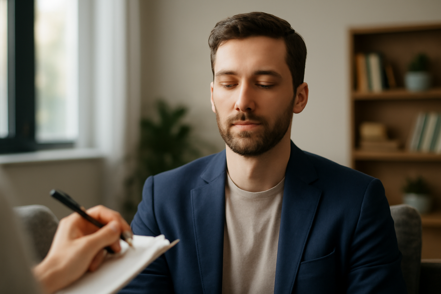 Founder at a desk meditating to quiet the mind and lead with calm focus - Therapy for Founders.