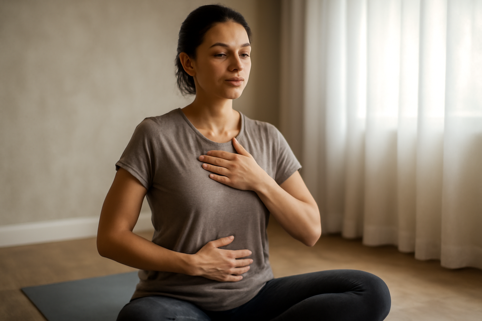 Person sits cross-legged in a sunlit room, practicing breathing to calm the nervous system.