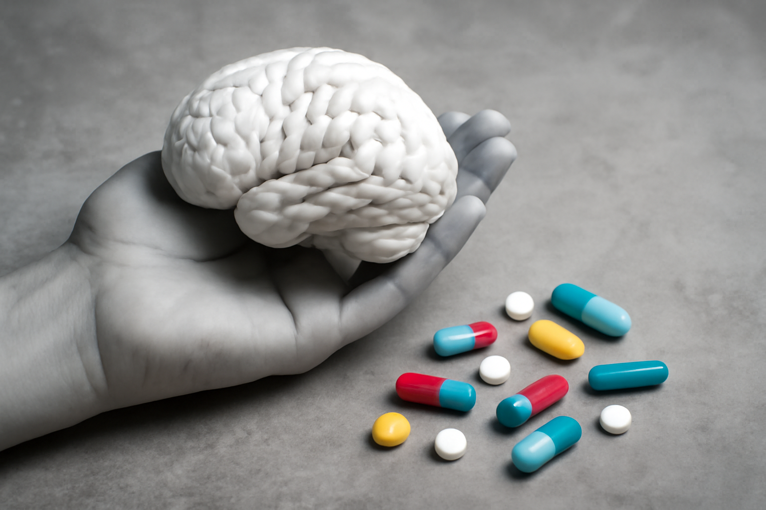 Person with pill bottle and notebook; article titled A Practical Guide to Psychiatric Medications.