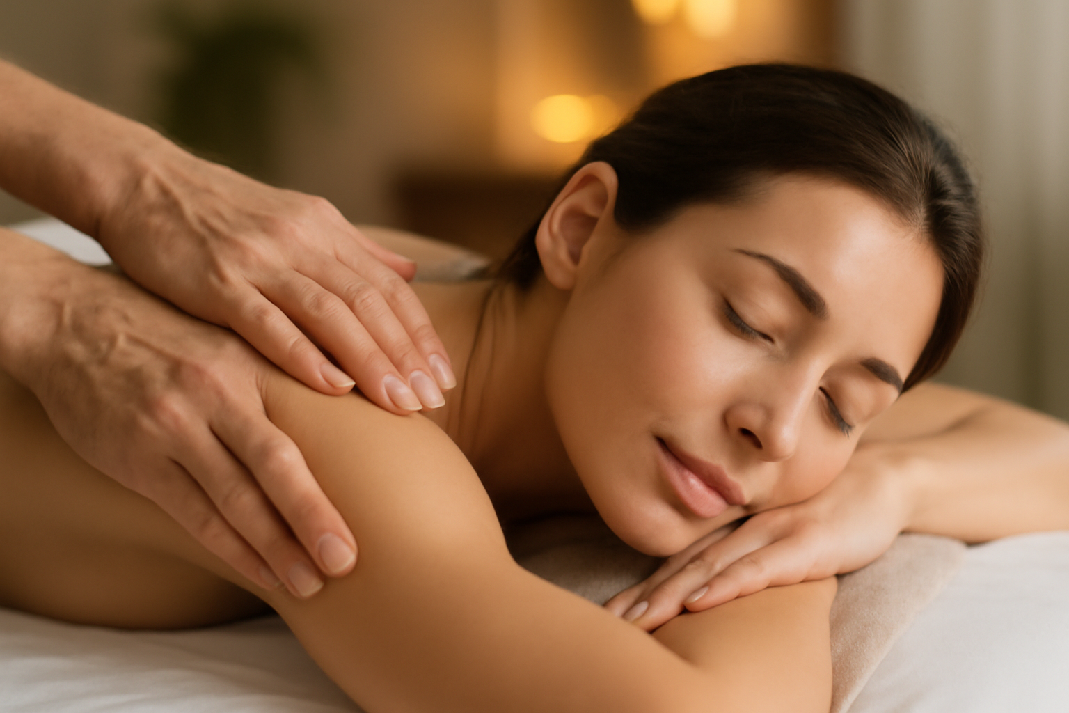 Person on a massage table, therapist applying pressure in a serene room, promoting mental health.