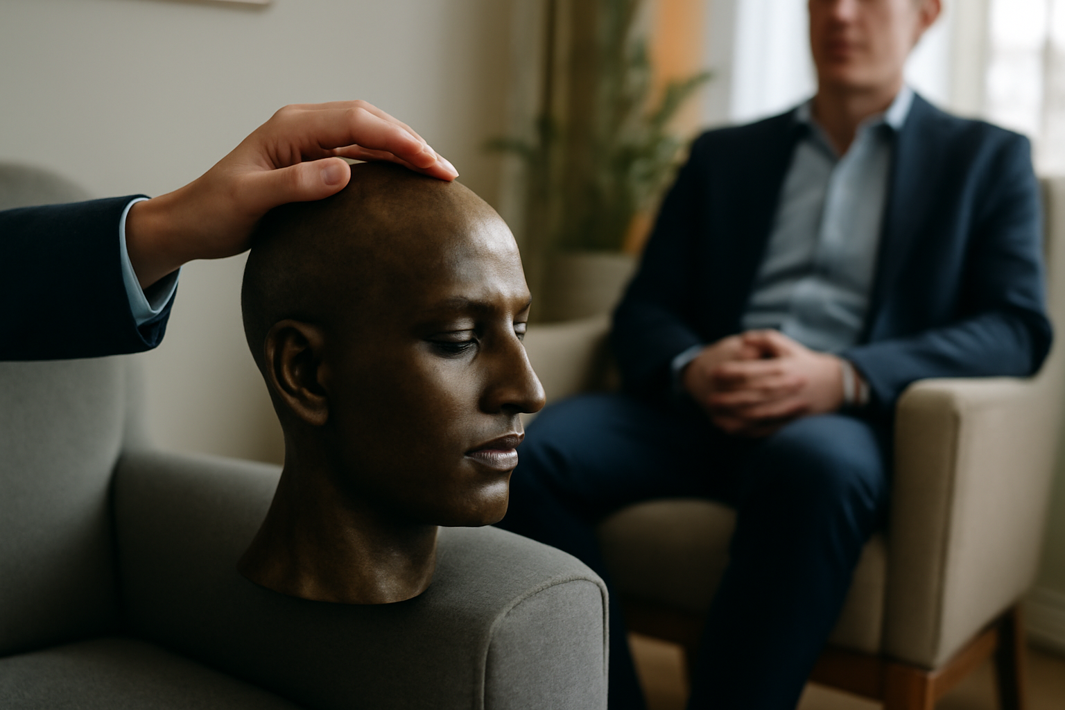 Founder sits at a sunlit desk, practicing calm focus as therapy guides mindful leadership.