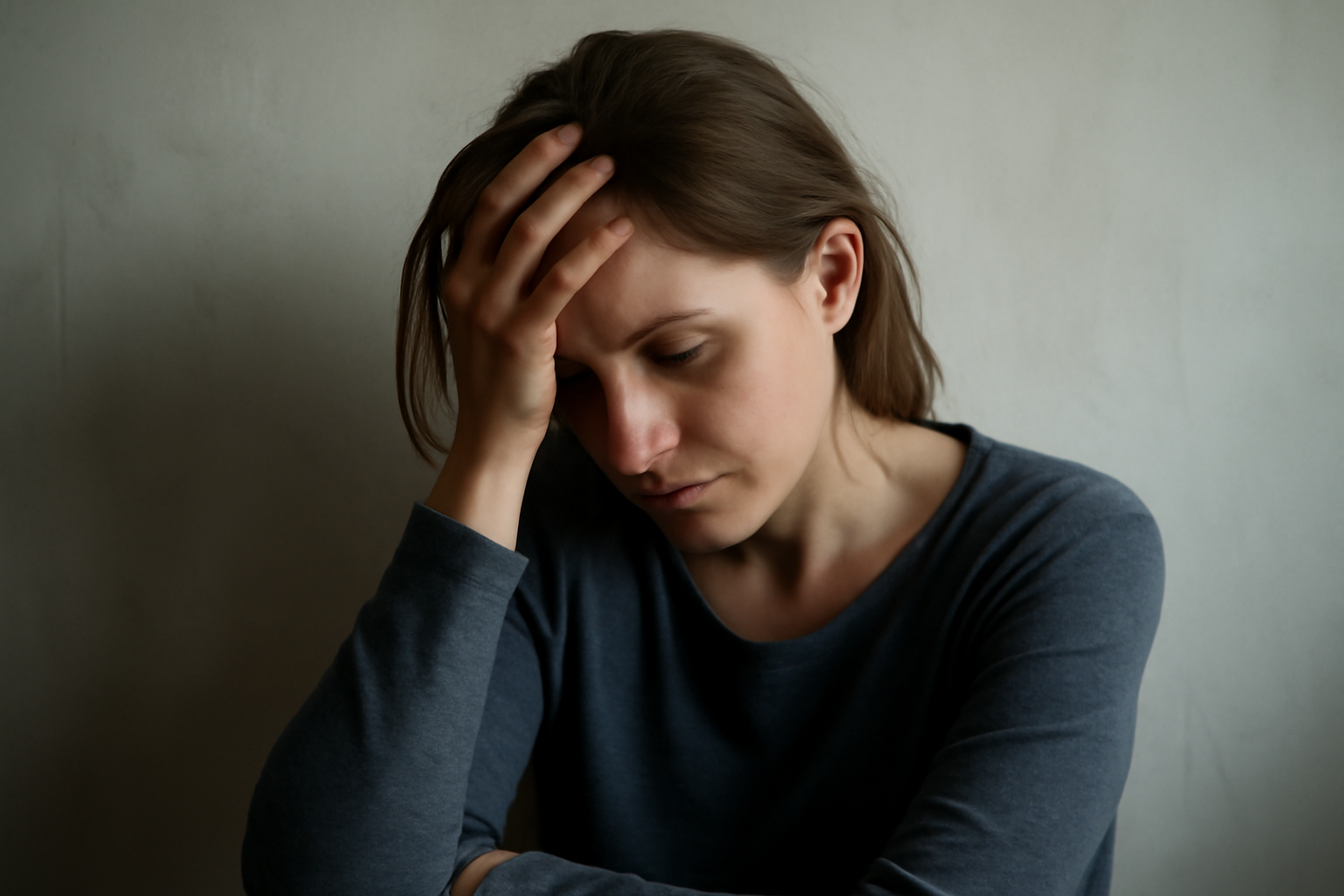 Blue infographic on acute depression: causes, symptoms, diagnosis, and treatment steps.