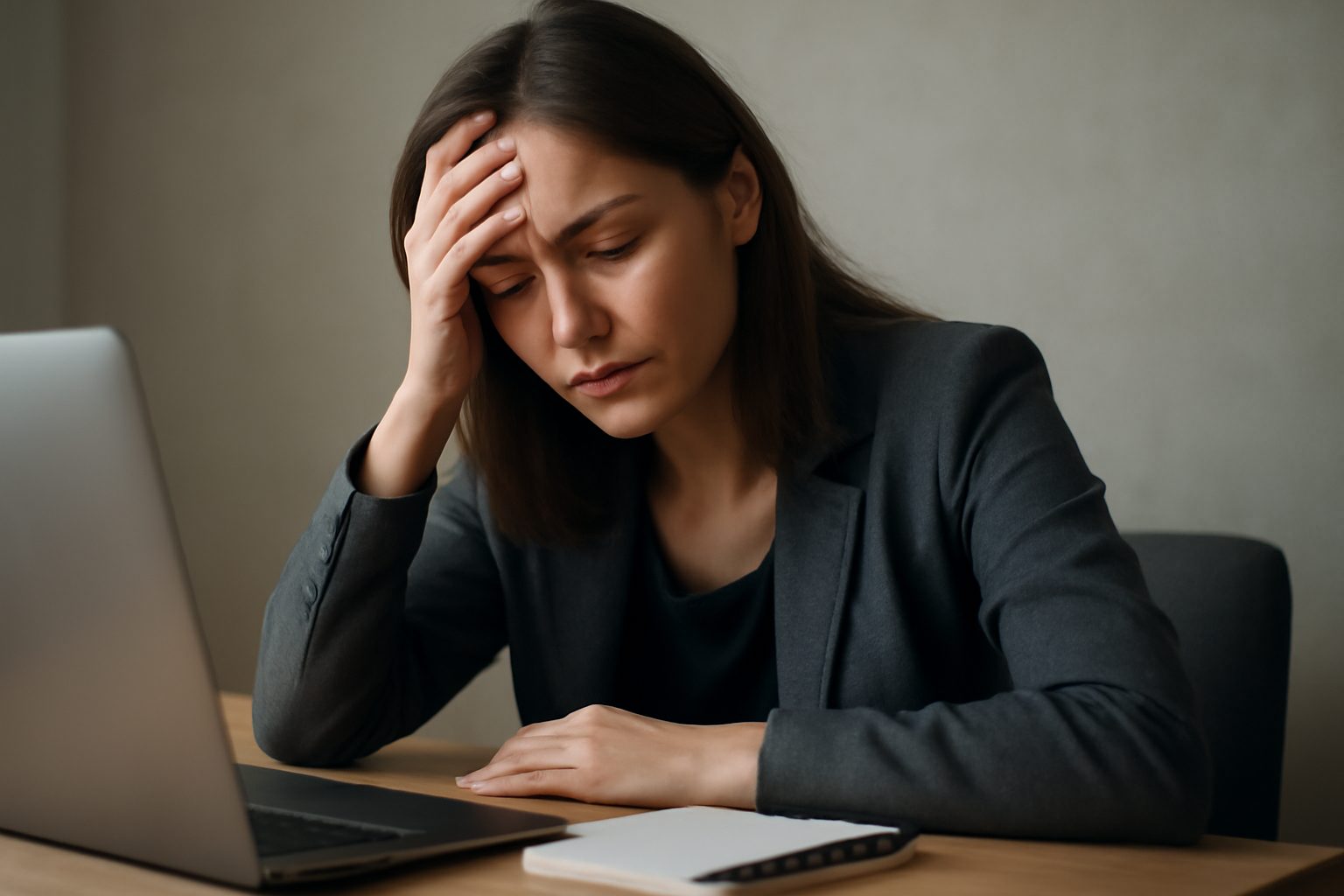 Person at a cluttered desk with tired eyes and tense shoulders; laptop, anxiety masking exhaustion.
