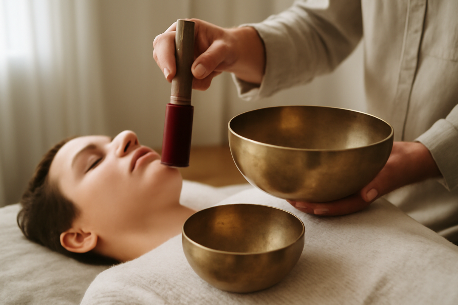 Person meditating with singing bowls under soft light, illustrating Sound Healing Therapy for calm.