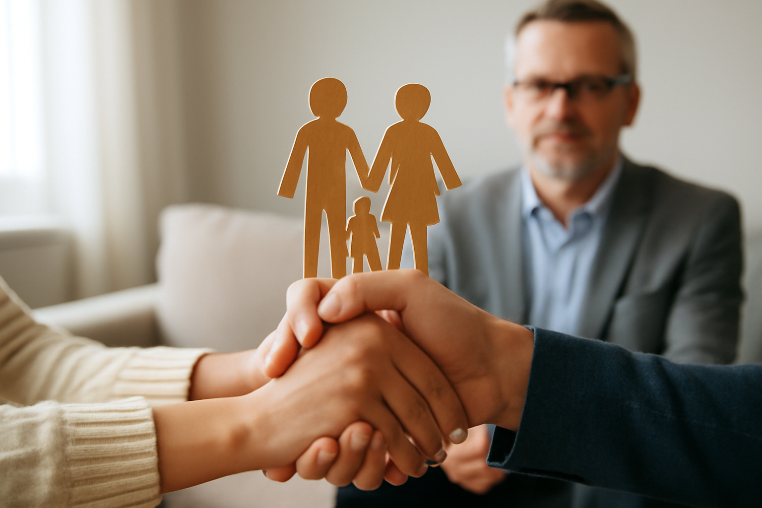 Couple with therapist in a warm office; guidance on choosing a marriage and family therapist.