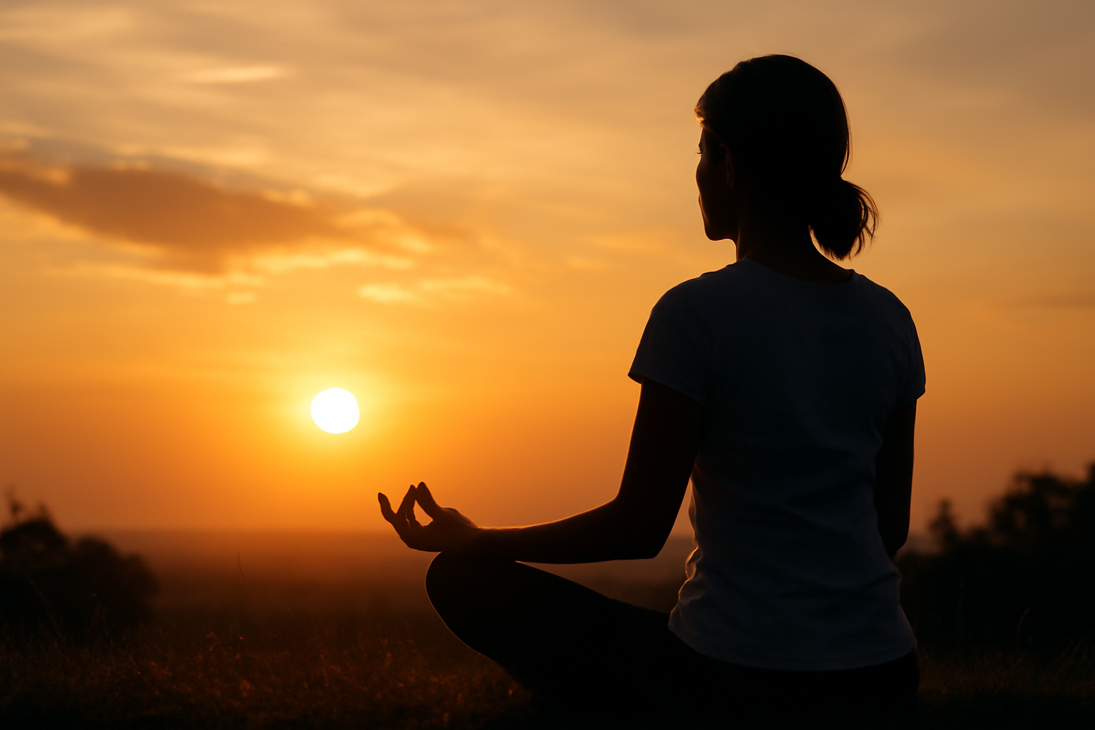 Calm person meditating beside a journal and plant, outlining daily steps for psychological wellbeing.