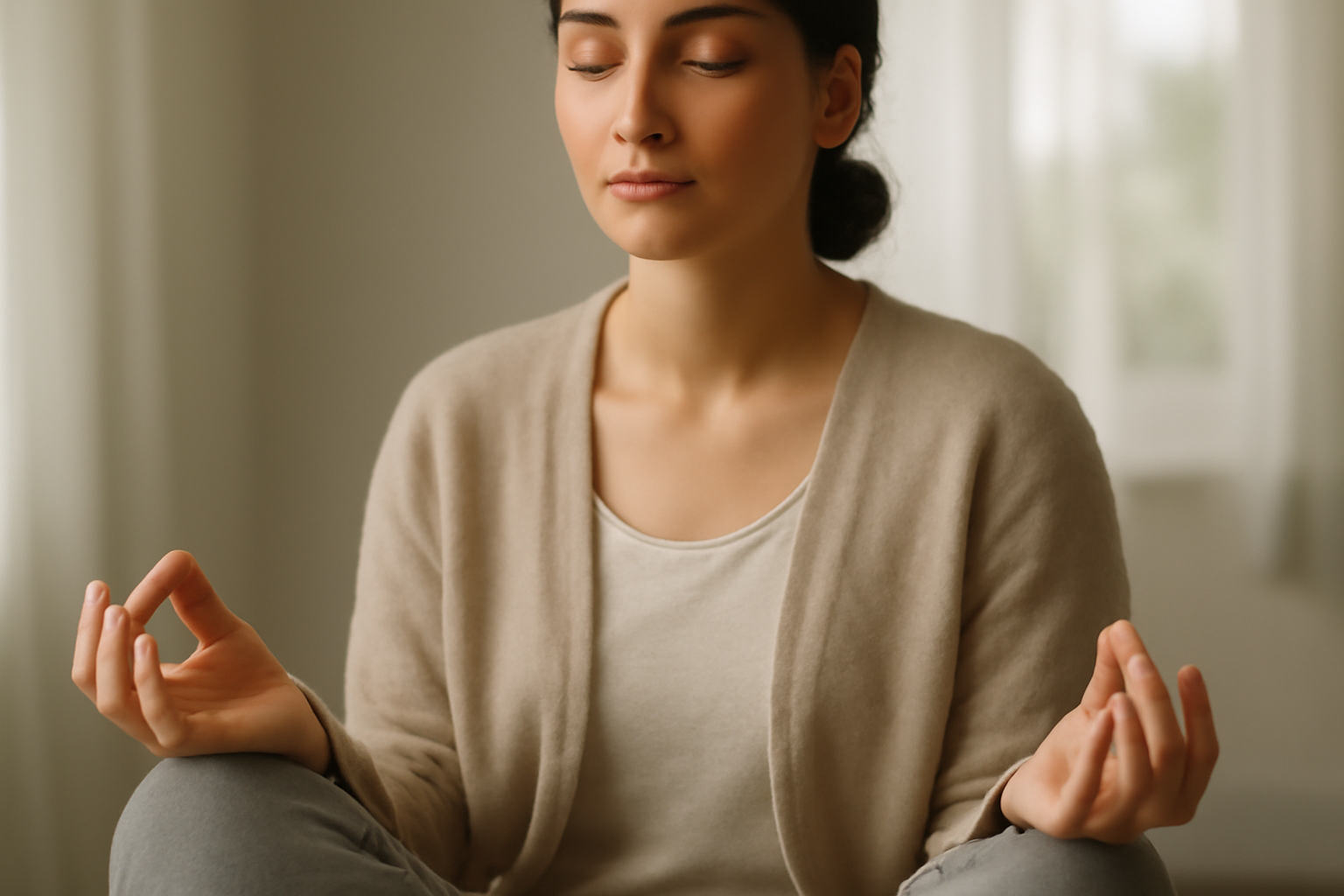 Person sits cross-legged in a calm, sunlit room, practicing breathing to ground the nervous system.