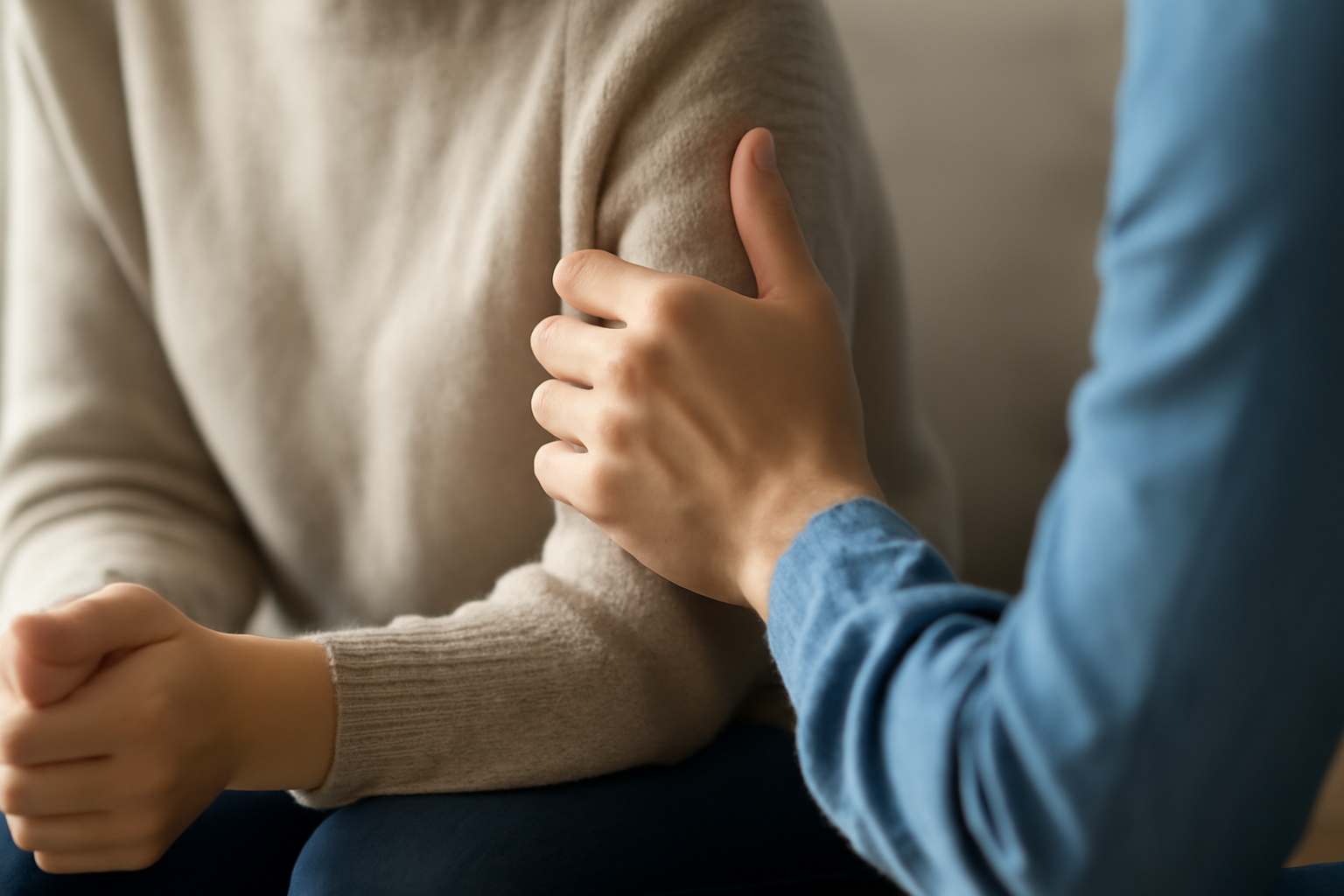 Hands on a calm client during touch therapy session with credentials guide and care icons