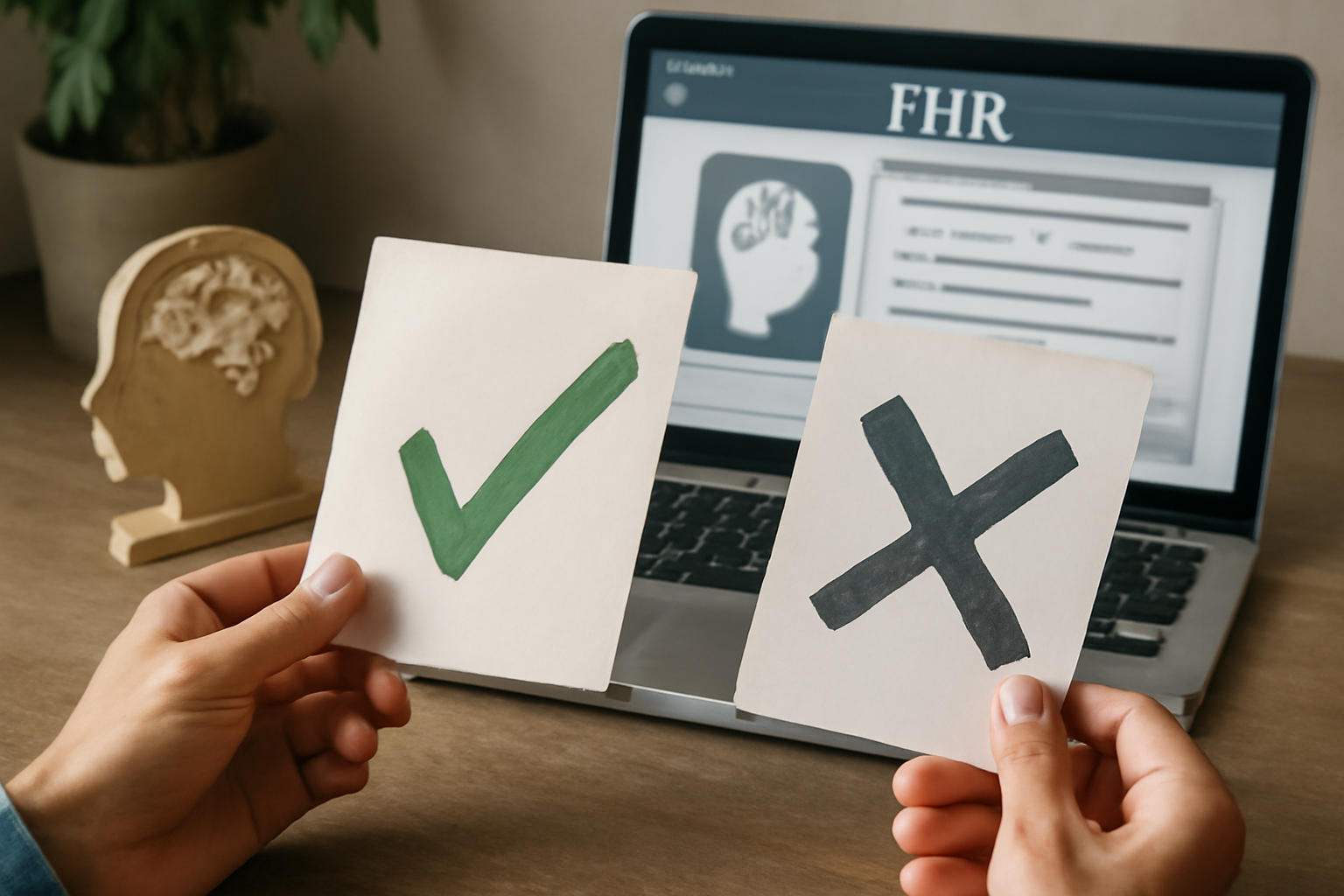 Psychologist compares EMR software on a laptop; blog post: Choosing the Right EMR for Psychologists.