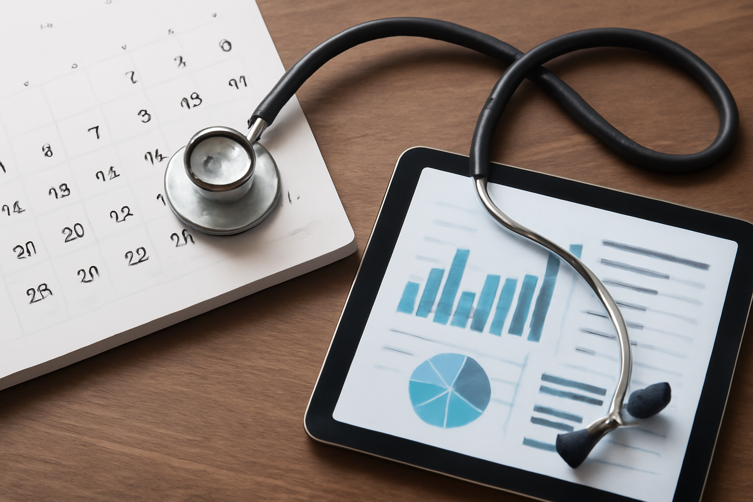 Clinic reception with a staff member using a computer showing scheduling and billing dashboards.