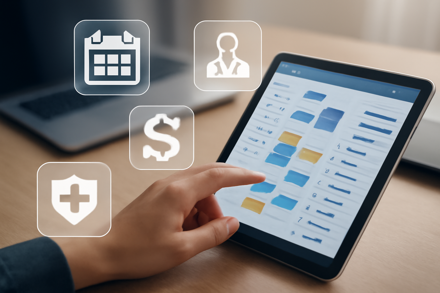 Clinic reception with calendar, laptop, and invoices; blog post on scheduling and billing software for clinics