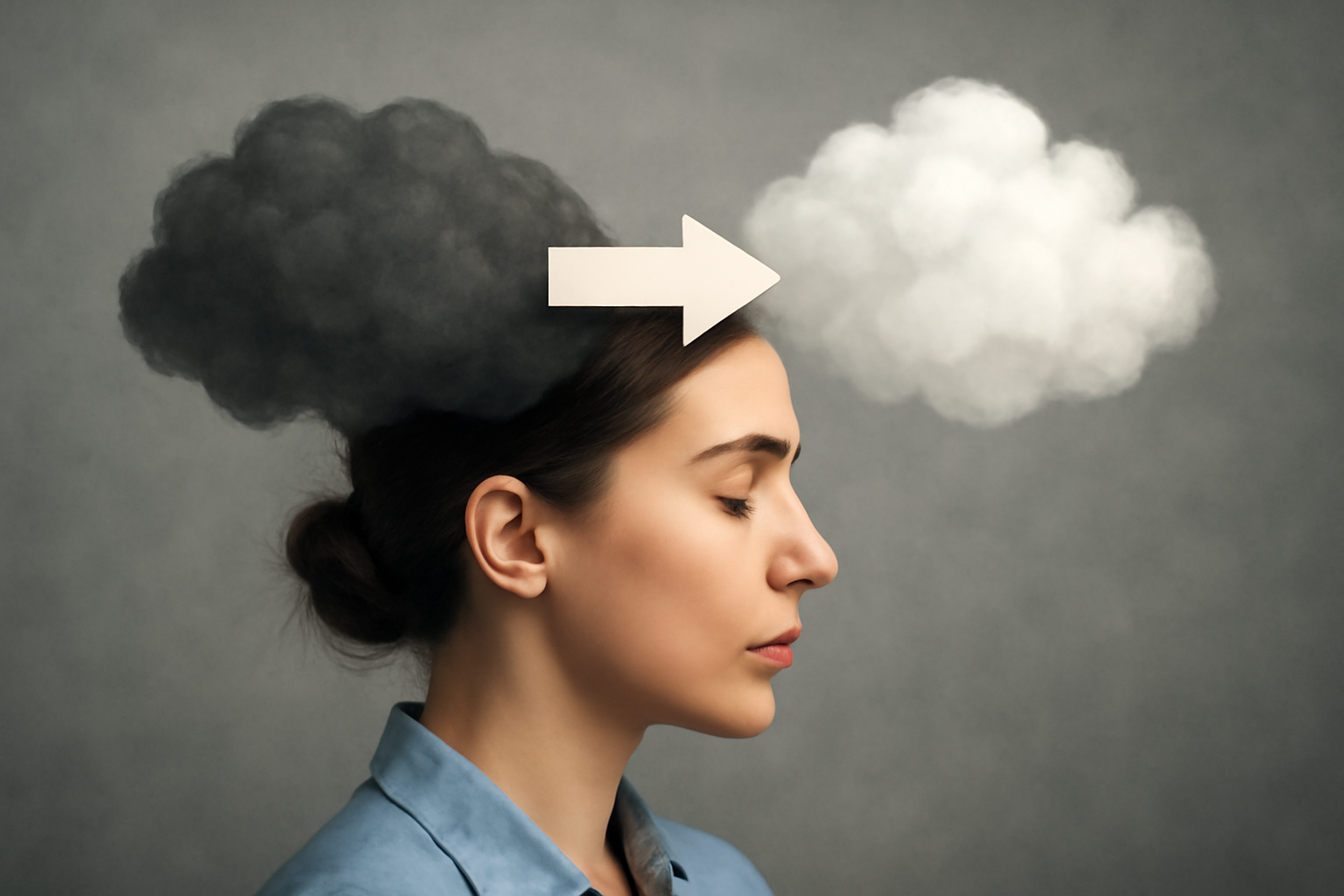 Person at desk with a flowchart turning thoughts into calm feelings; CBT changes thoughts and feelings.