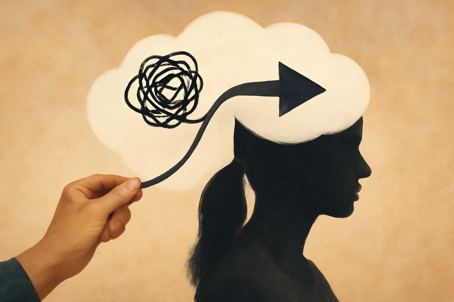 Brain with thought bubbles shifting from negative to positive, CBT changes thoughts and feelings