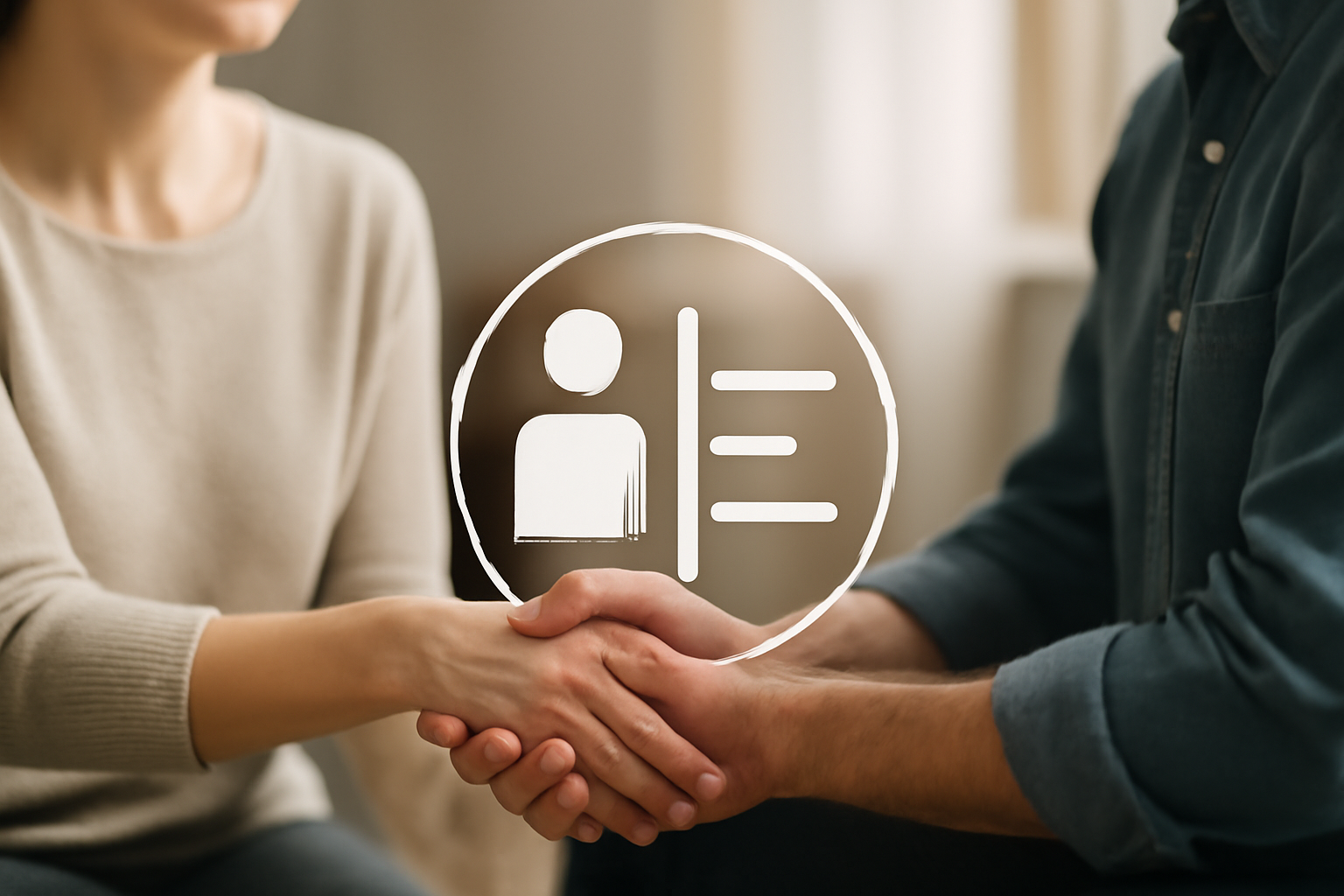 Two people sit facing each other in a warm room, one expresses boundaries with empathetic listening.