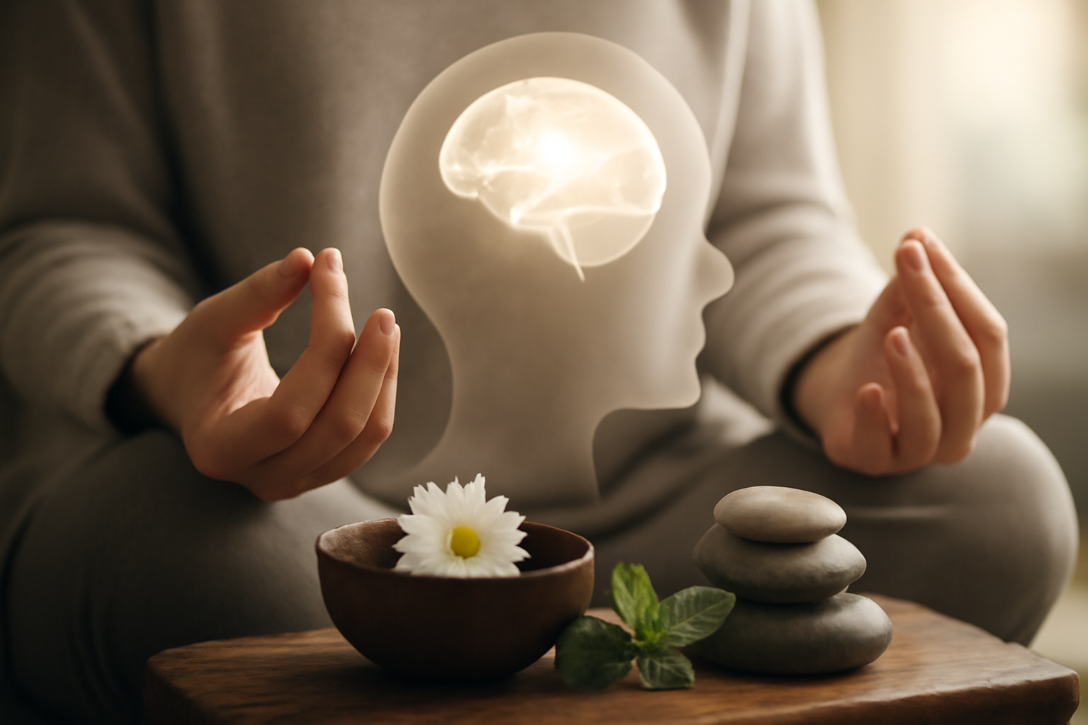 Meditating person with tea and herbs beside a notebook titled Holistic Guide to Mental Health.