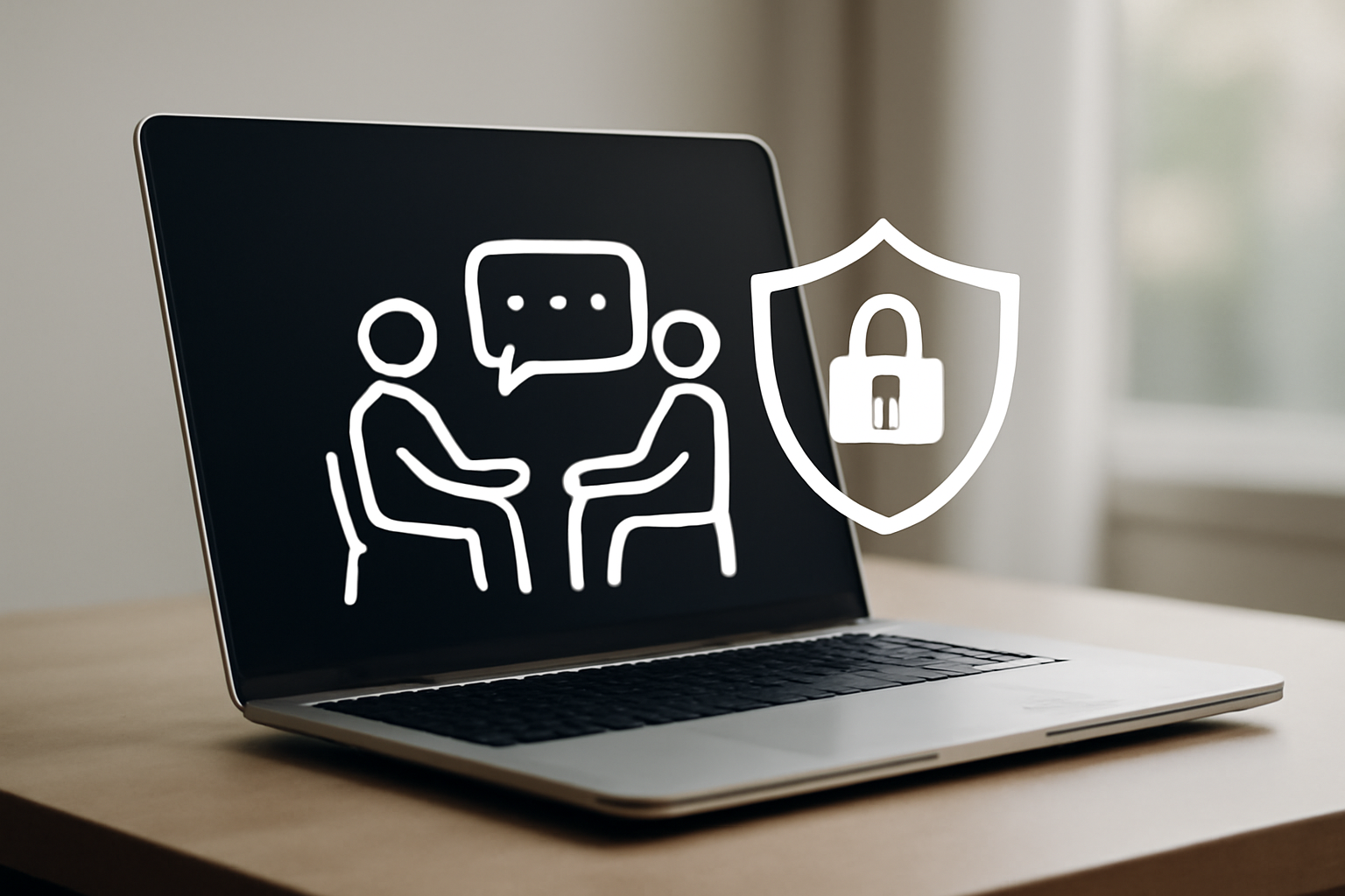 Laptop screen shows a HIPAA-compliant online booking form for counseling, with calendar and lock.